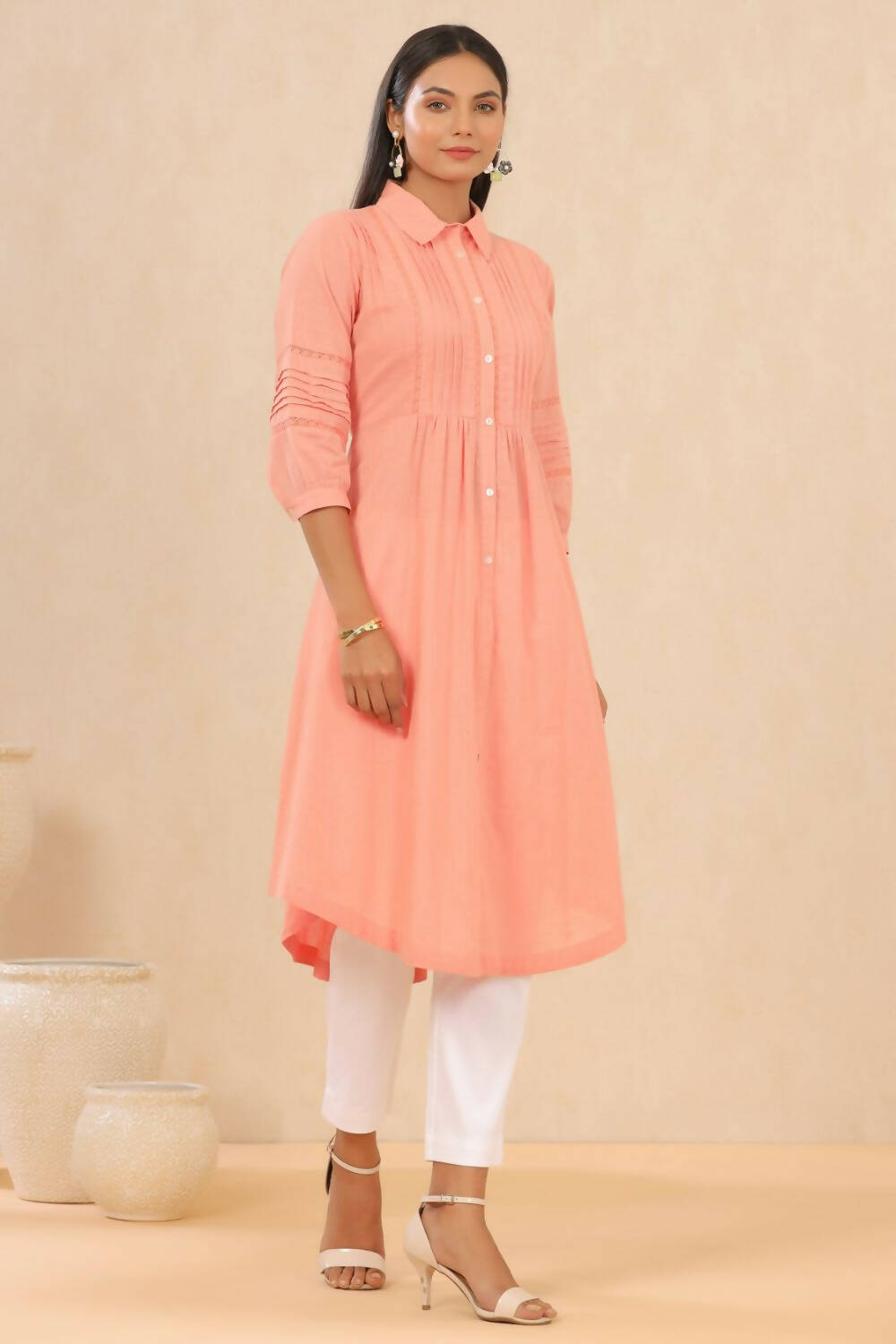 Juniper Womens Blush Pink Cotton Slub Solid Mid Length Shirt Dress With Lace Detailing