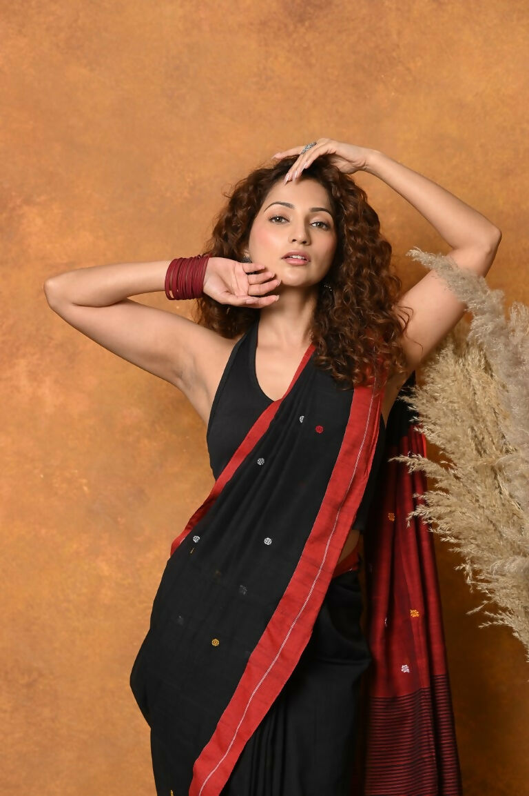 Very Much Indian Pure Cotton Handloom Saree with Buttis & Sleek Border - Black