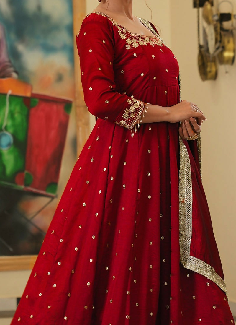 Teeya Creation Red Color Pure Vichitra Silk Embroidery Work Party Wear Gown
