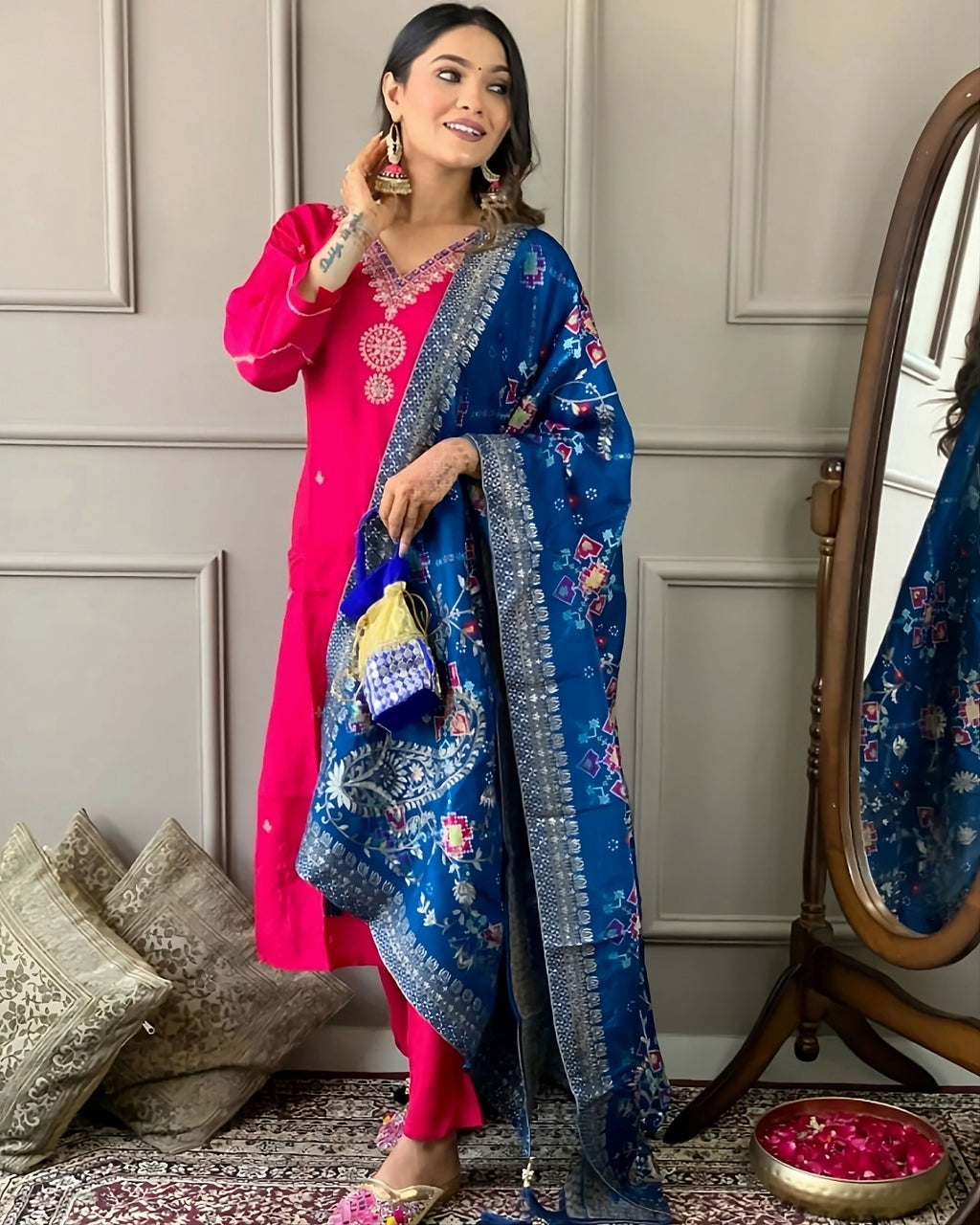 Partywear Designer Viscose Chanderi Red Stitched Suit With Dupatta - Anbazaar