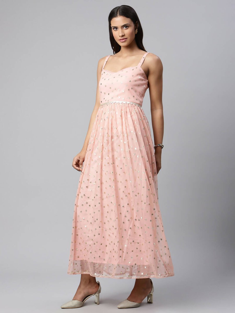 Ahalyaa Women Pink Net Gold Foil Print Dress