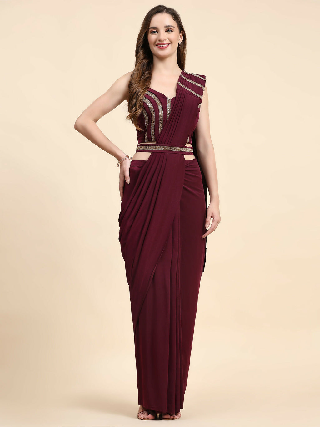 Maroon Polyester Solid Ready to Wear Saree with stitched Blouse - Nita