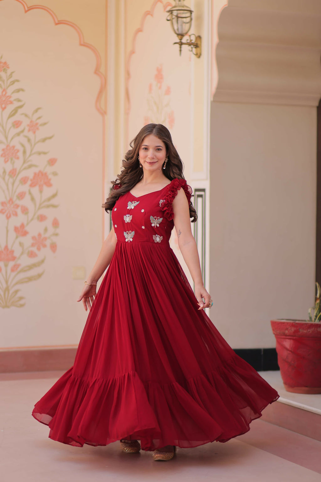 Vastranavya Maroon Faux Blooming With Sequins Multithreaded Beads Embroidered work Gown