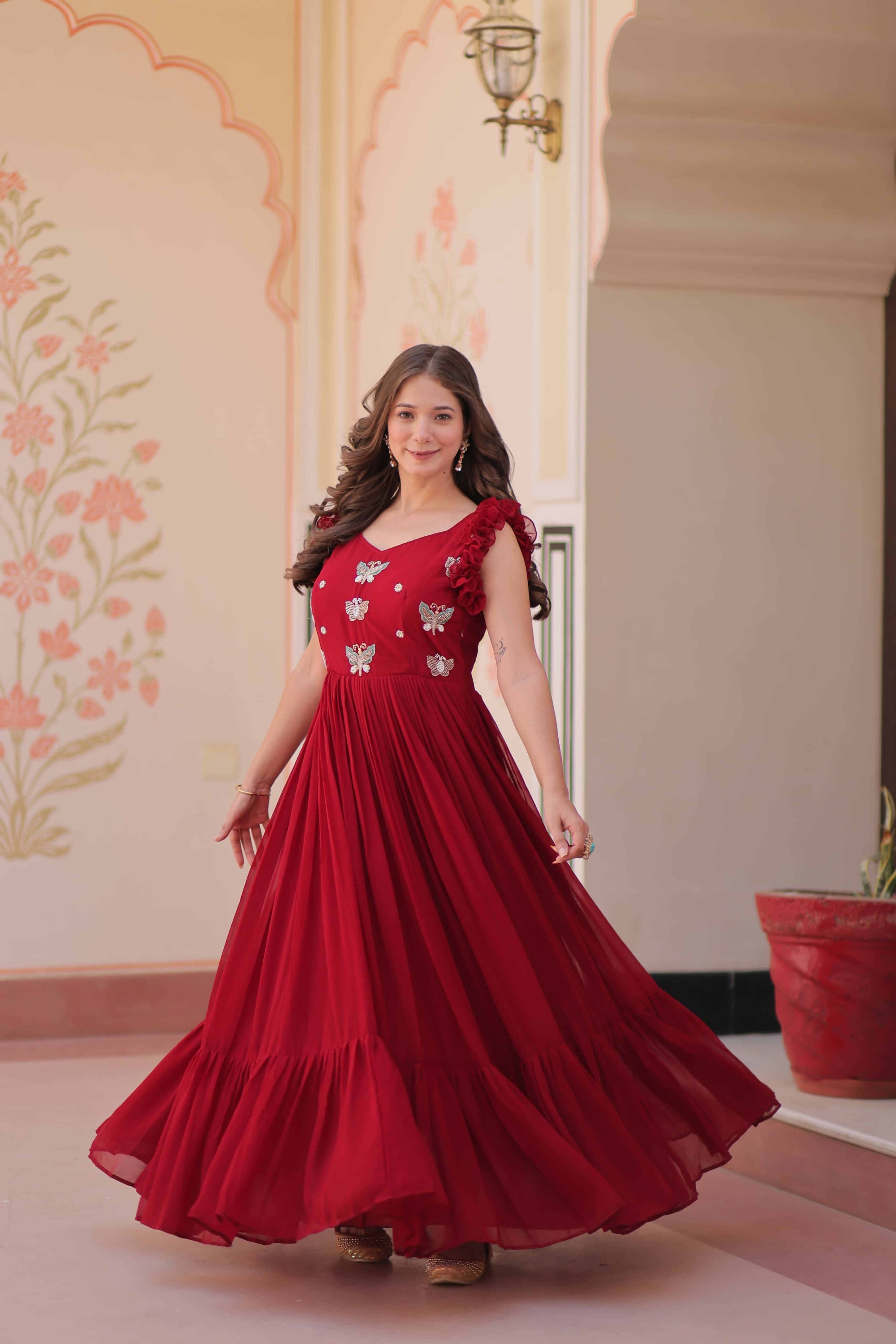 Vastranavya Maroon Faux Blooming With Sequins Multithreaded Beads Embroidered work Gown