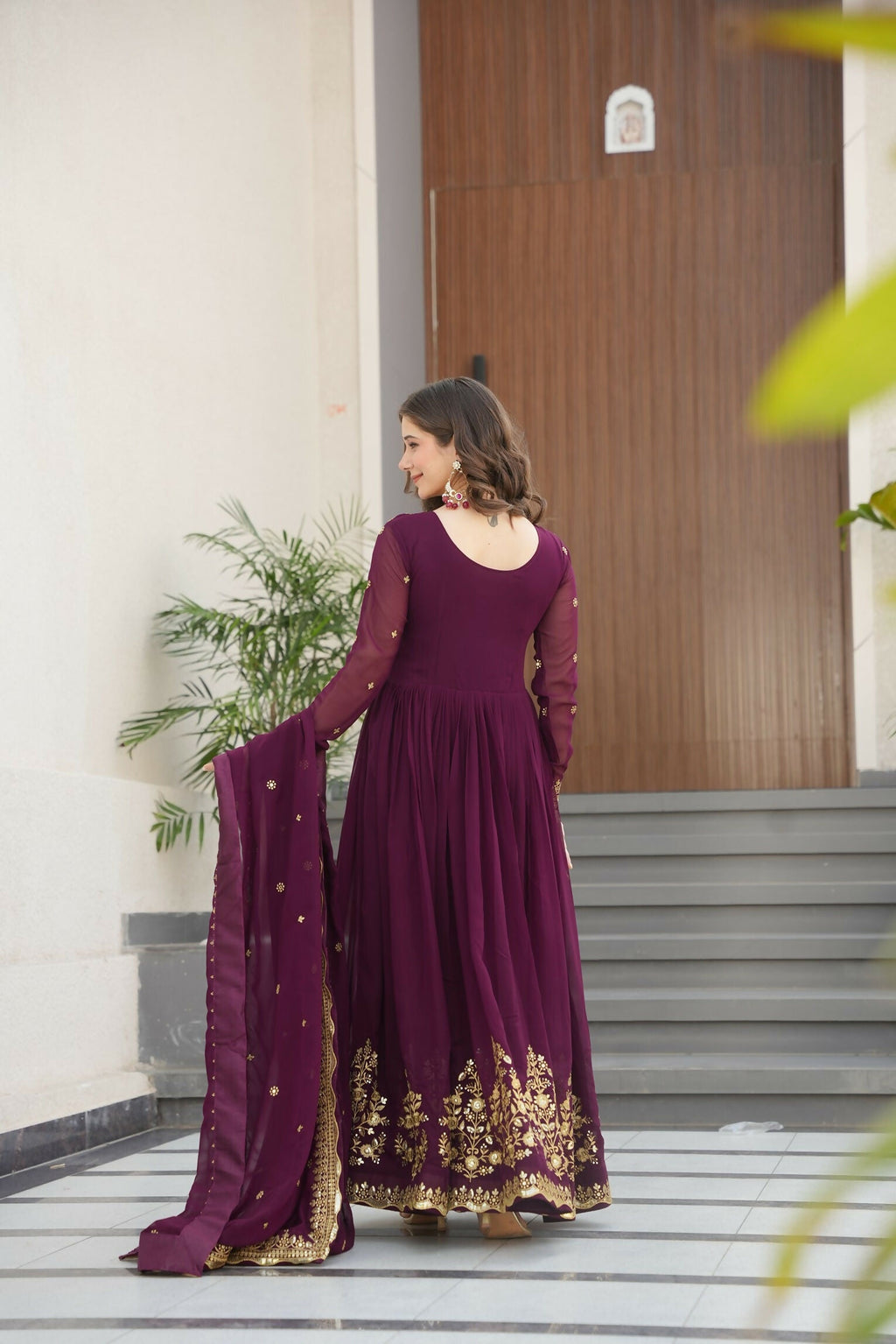 Joban Fashion Wine Georgette Sequence Embroidery Work Kurta Set