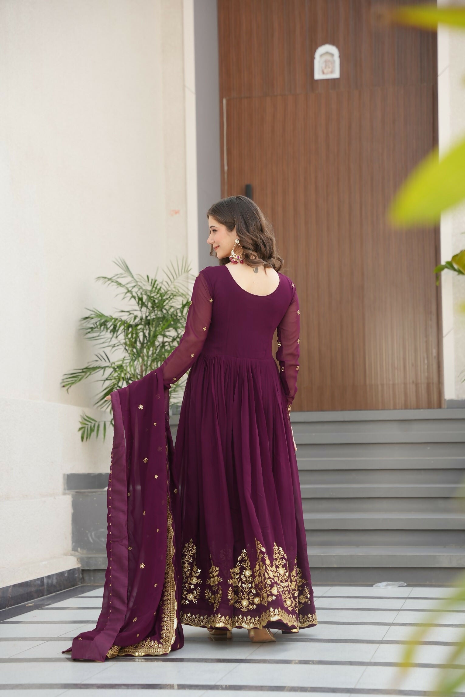 Joban Fashion Wine Georgette Sequence Embroidery Work Kurta Set