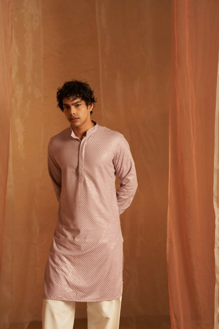 Lavender viscose Chikankari Embroidery Work Men's Traditional Kurta Set - Mahotsav