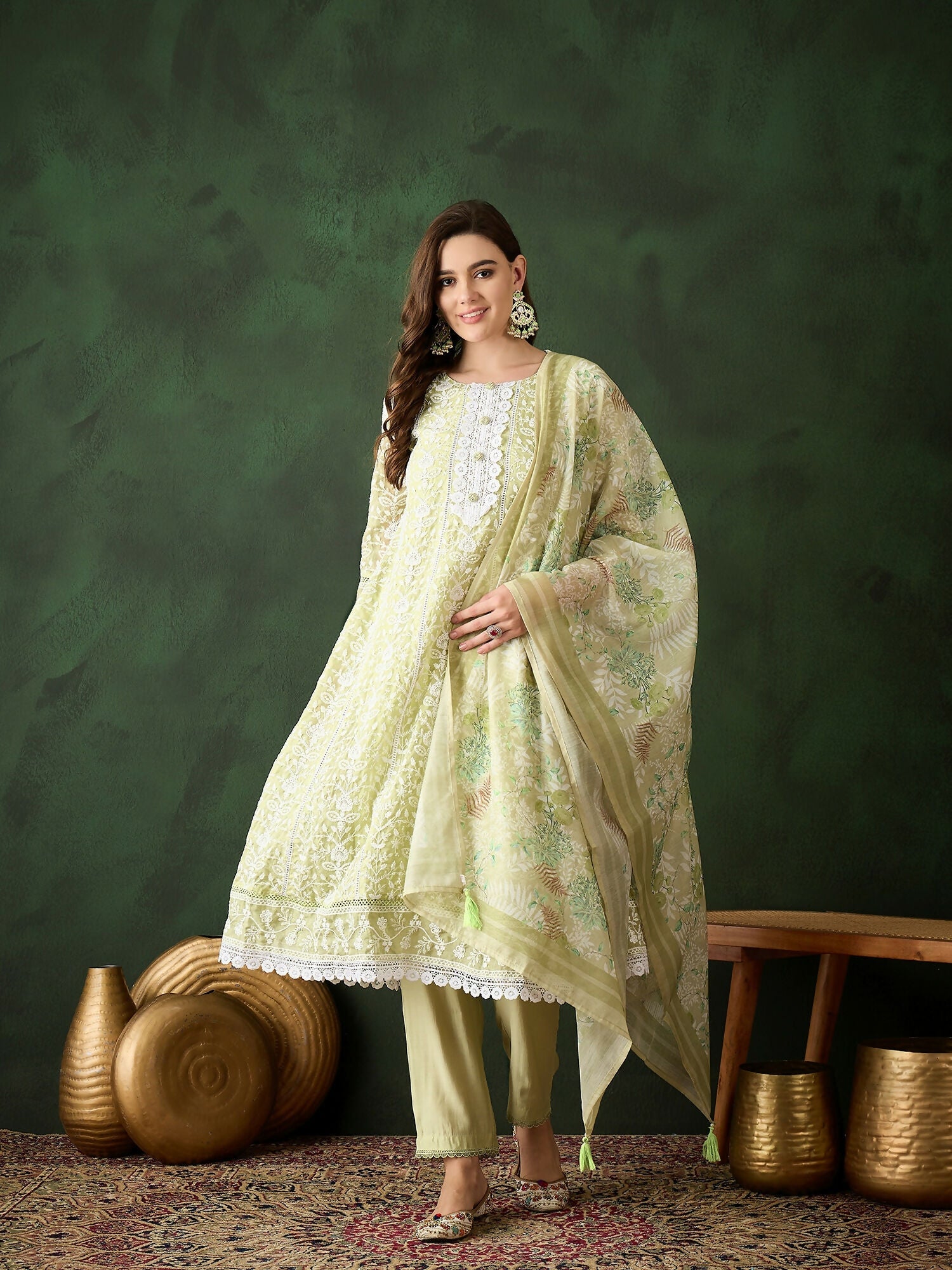Green Crystal Organza schiffli embroidery Kurta With Trouser & Dupatta - Bhumi