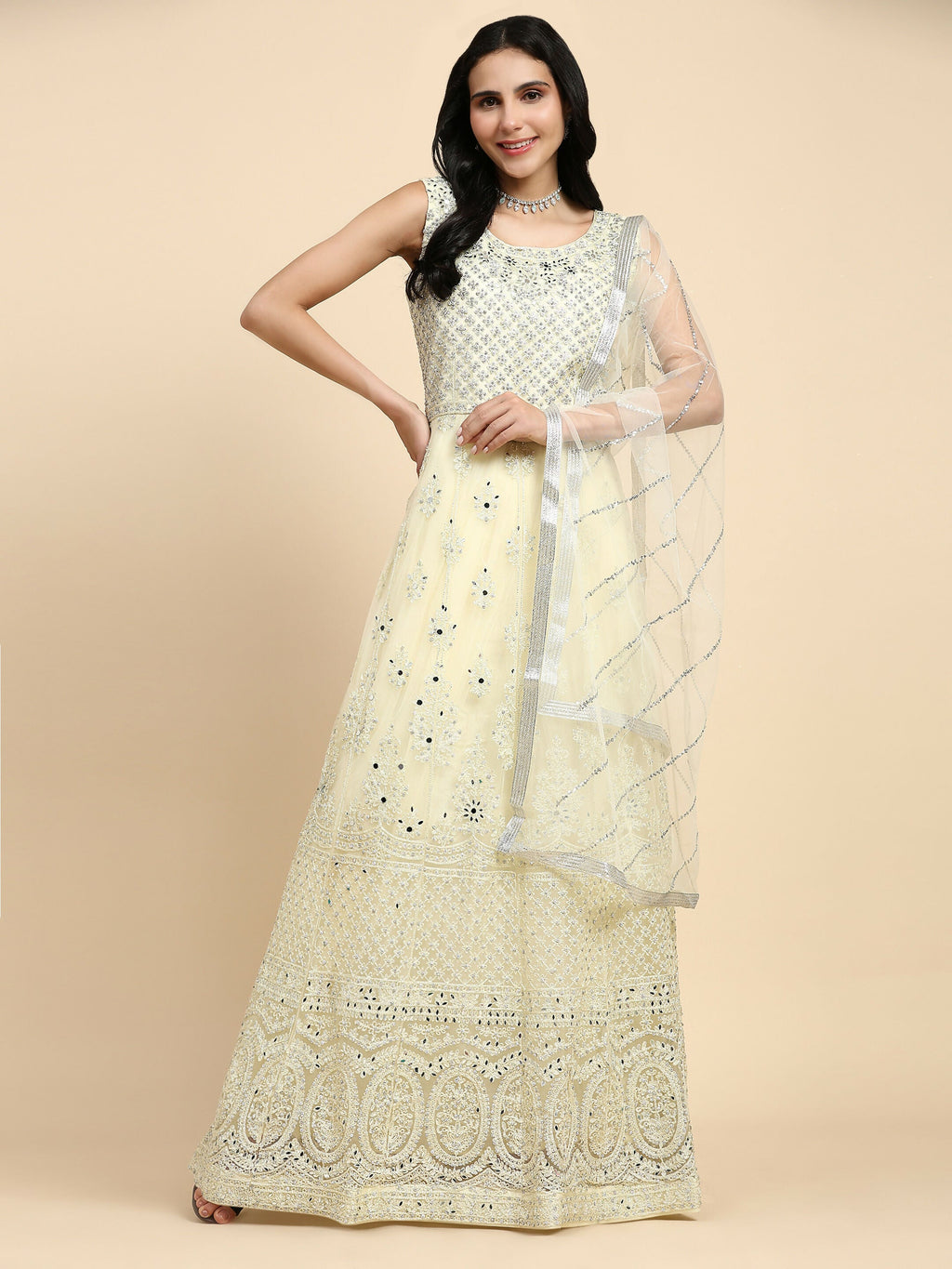 Yellow Net Hand Embroidered Gown - Rudrani