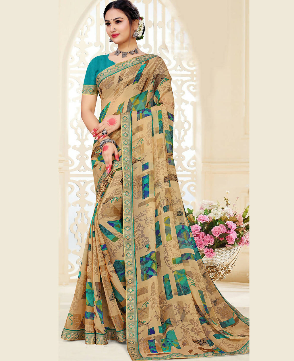 Beige Chiffon Brasso Printed Saree With Unstitched Blouse Piece - Jyoti