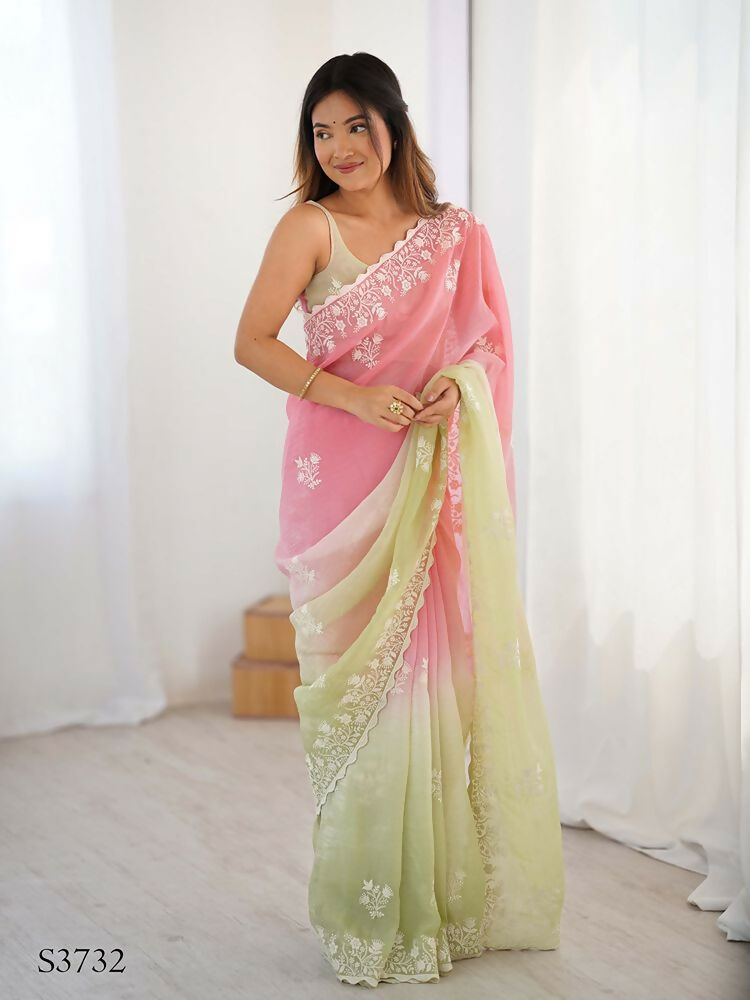 Pink Crunchy Silk Embroidery WorkParty Wear Saree - Lakshita