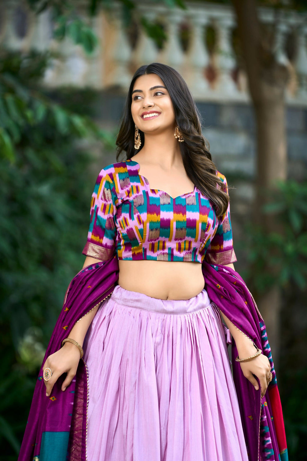 Vastranavya Printed and Foil Work Tussar Silk Lehenga with Unstitched Blouse - Lavender