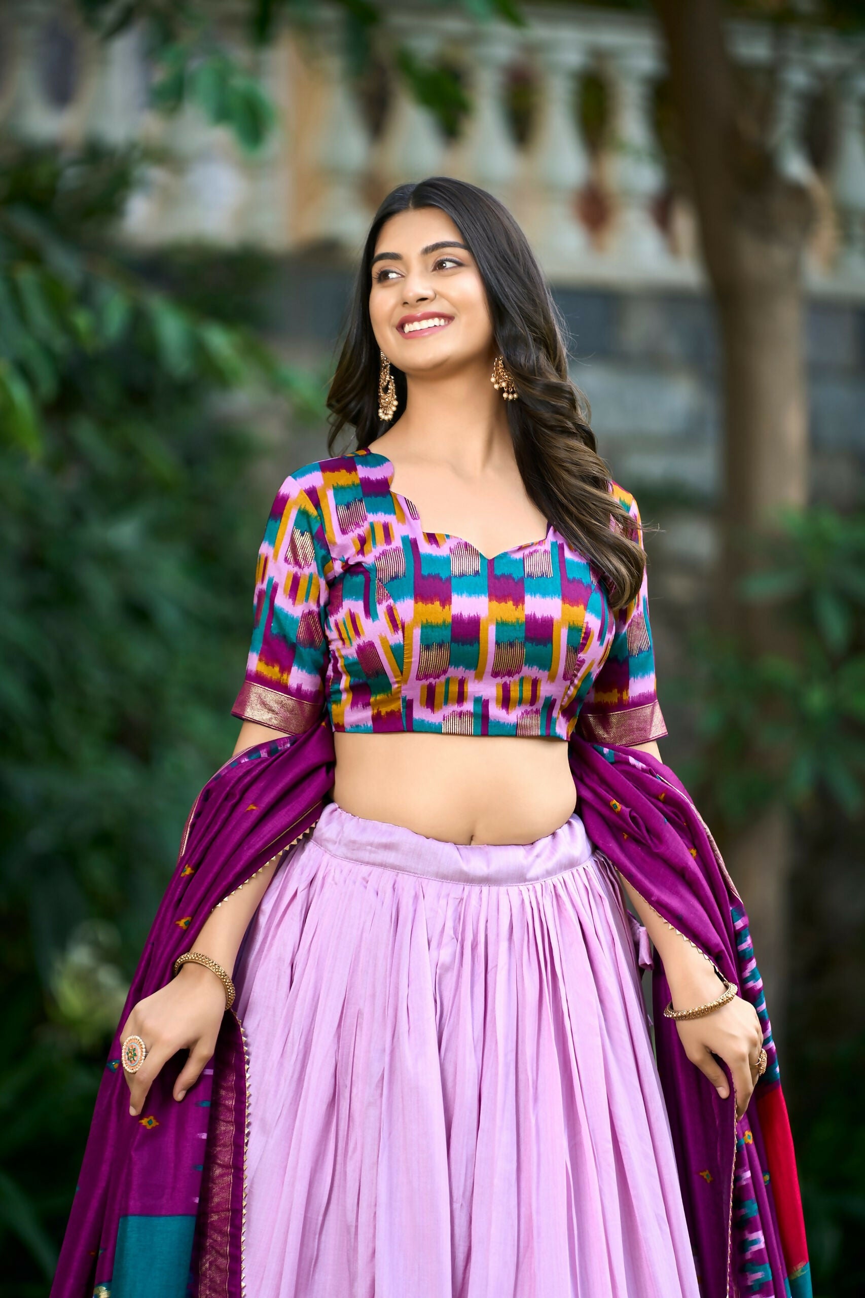 Vastranavya Printed and Foil Work Tussar Silk Lehenga with Unstitched Blouse - Lavender