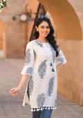 Juniper Azure White Breeze Cotton Tassel Kurta