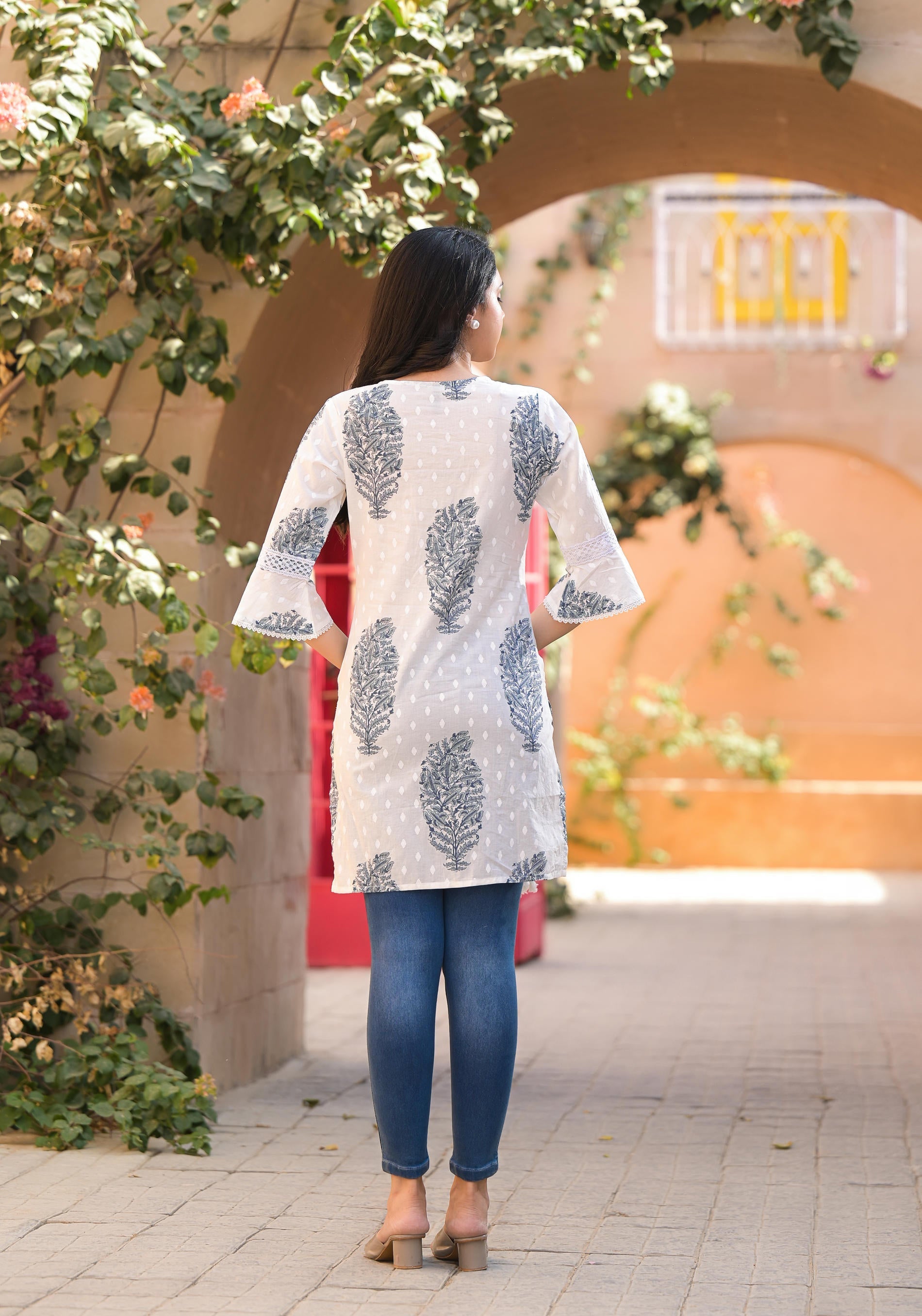Juniper Azure White Breeze Cotton Tassel Kurta