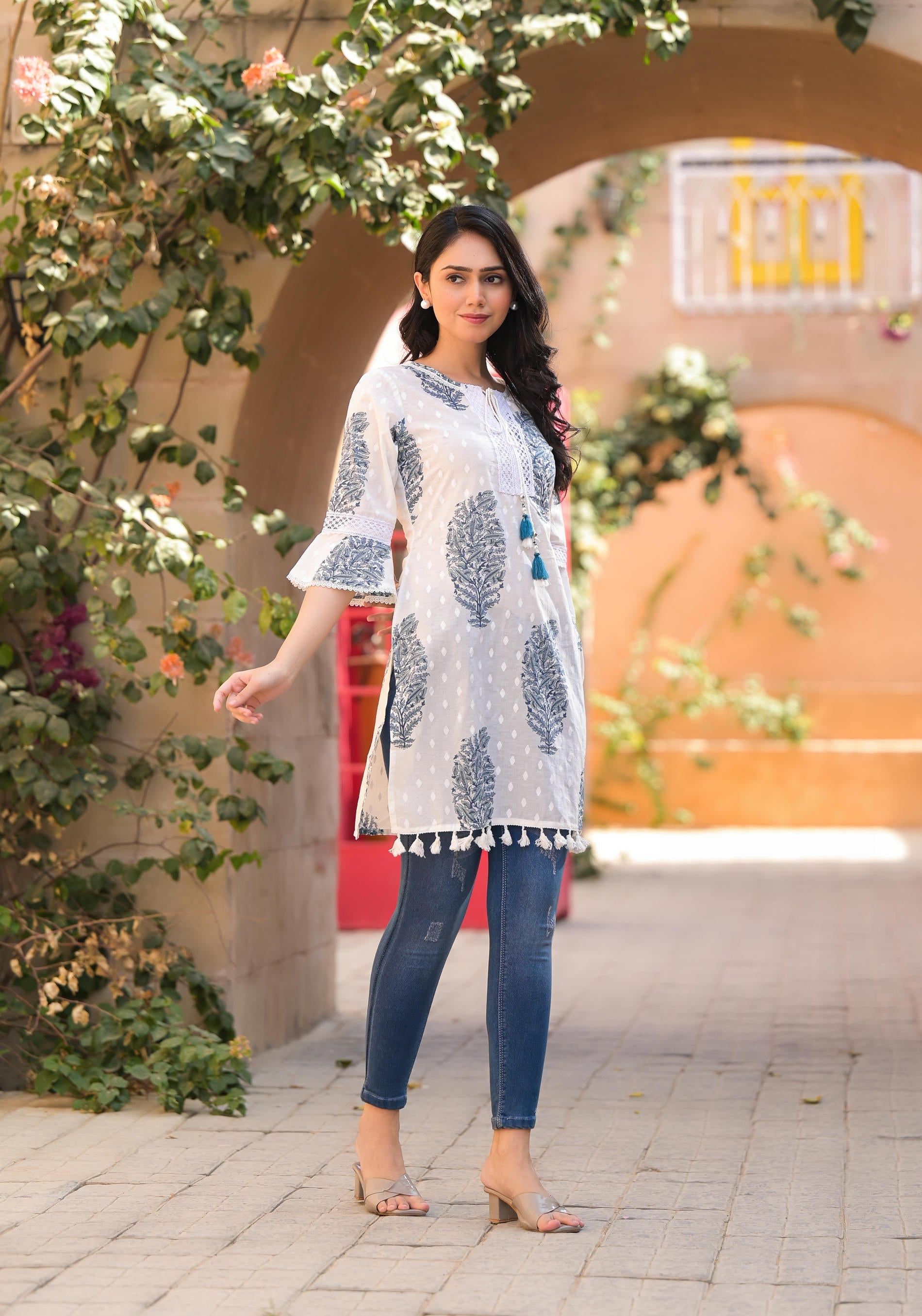 Juniper Azure White Breeze Cotton Tassel Kurta