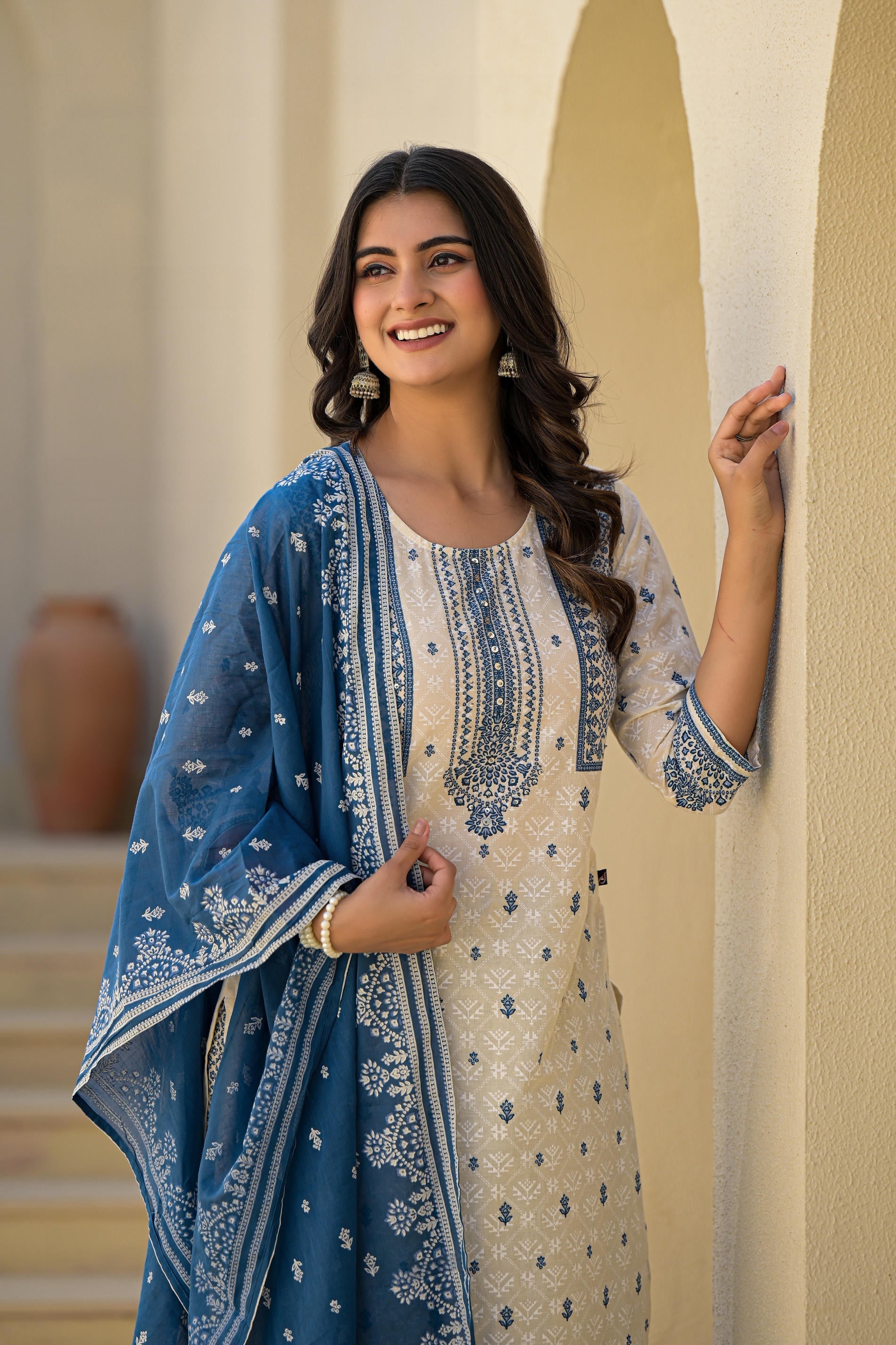 Juniper Ivory & Indigo Serenity Block Print Cotton Suit Set