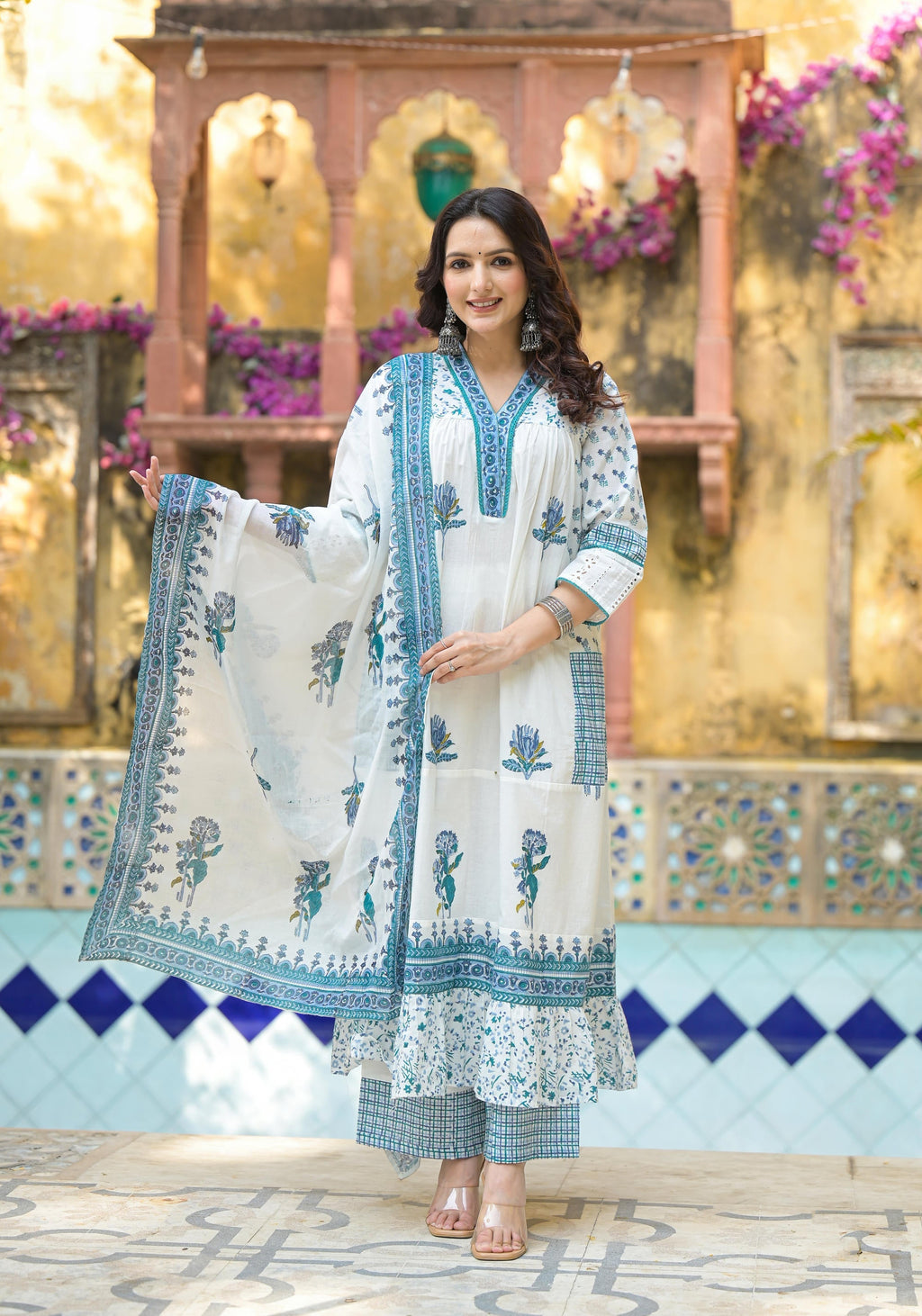 Juniper Women's White Floral Printed Cotton A-Line Kurta Pant And Dupatta Set