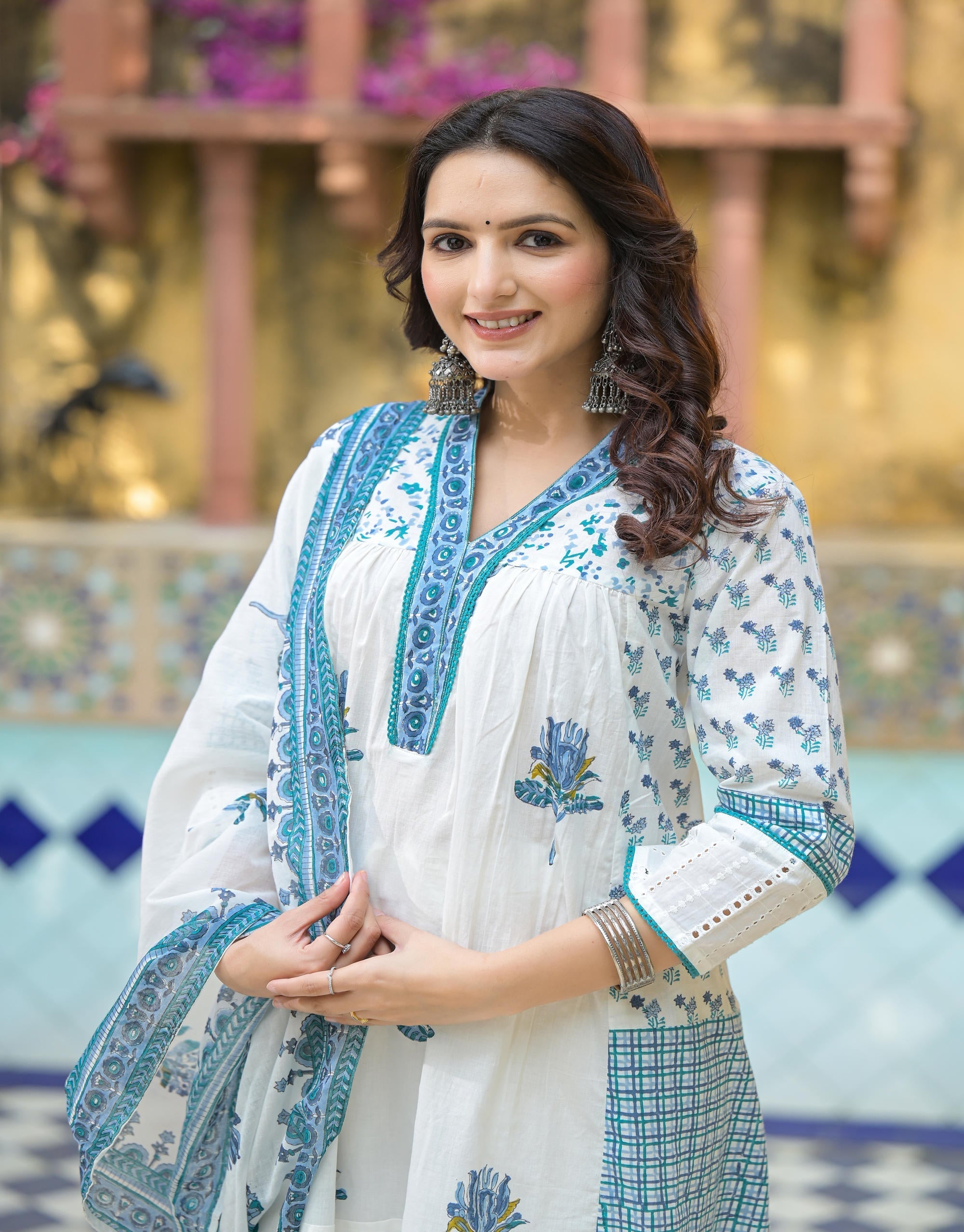 Juniper Women's White Floral Printed Cotton A-Line Kurta Pant And Dupatta Set