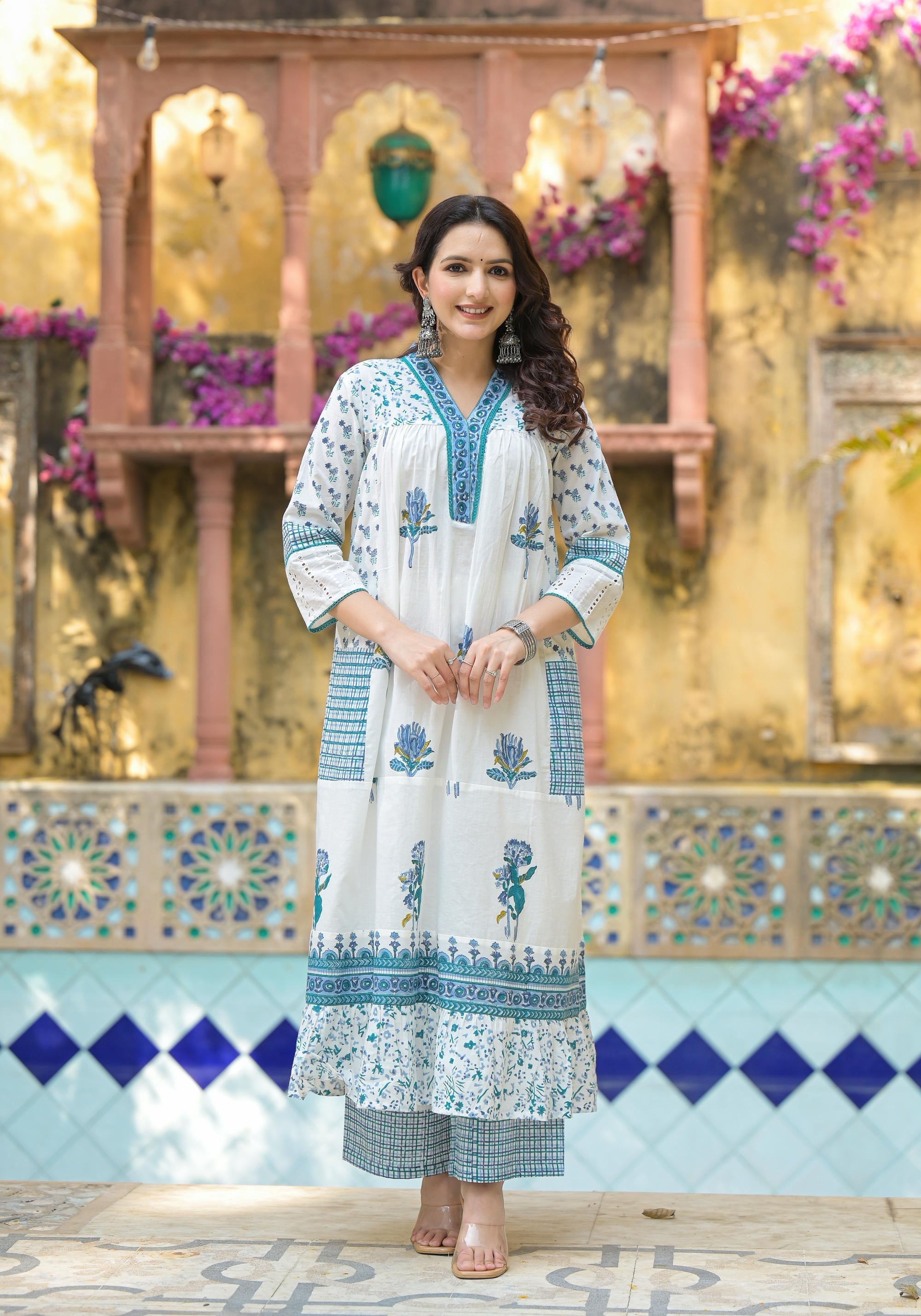 Juniper Women's White Floral Printed Cotton A-Line Kurta Pant And Dupatta Set