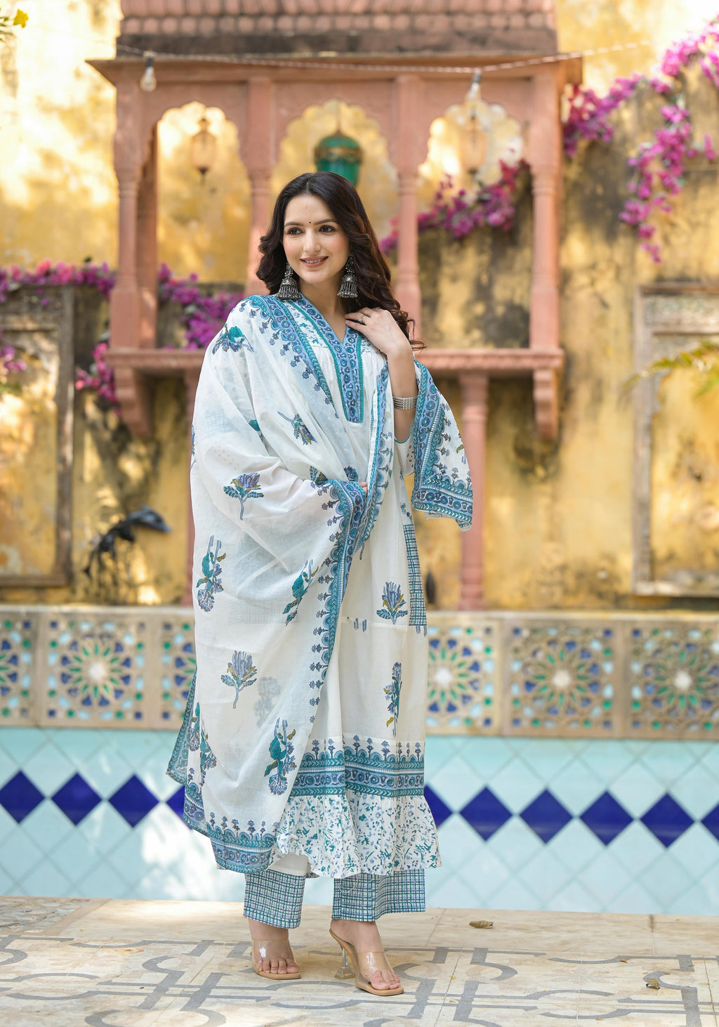 Juniper Women's White Floral Printed Cotton A-Line Kurta Pant And Dupatta Set