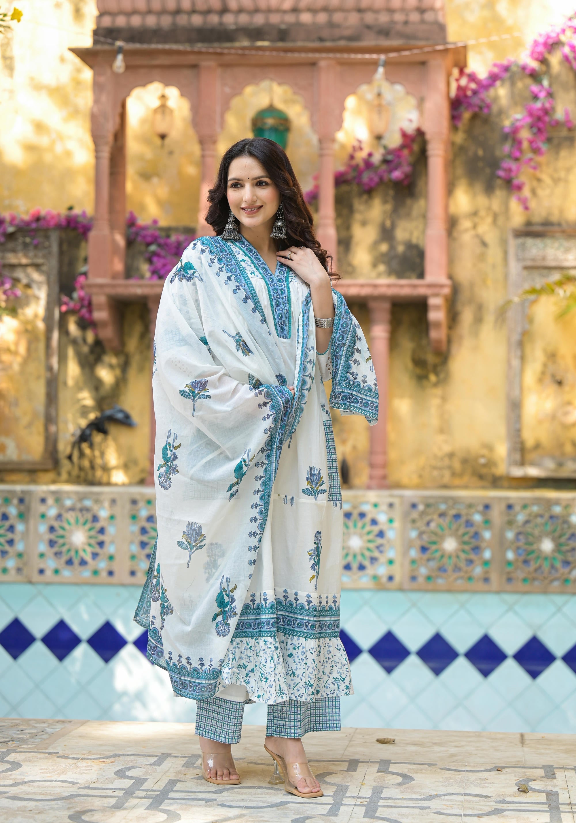 Juniper Women's White Floral Printed Cotton A-Line Kurta Pant And Dupatta Set