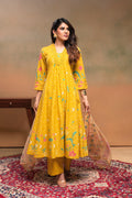 Juniper Mustard Floral Printed Cotton Kurta Set With Chiffon Dupatta