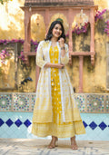 Juniper Women's Mustard Ethnic Motif Printed Cotton Kurta & Shrug With Doris