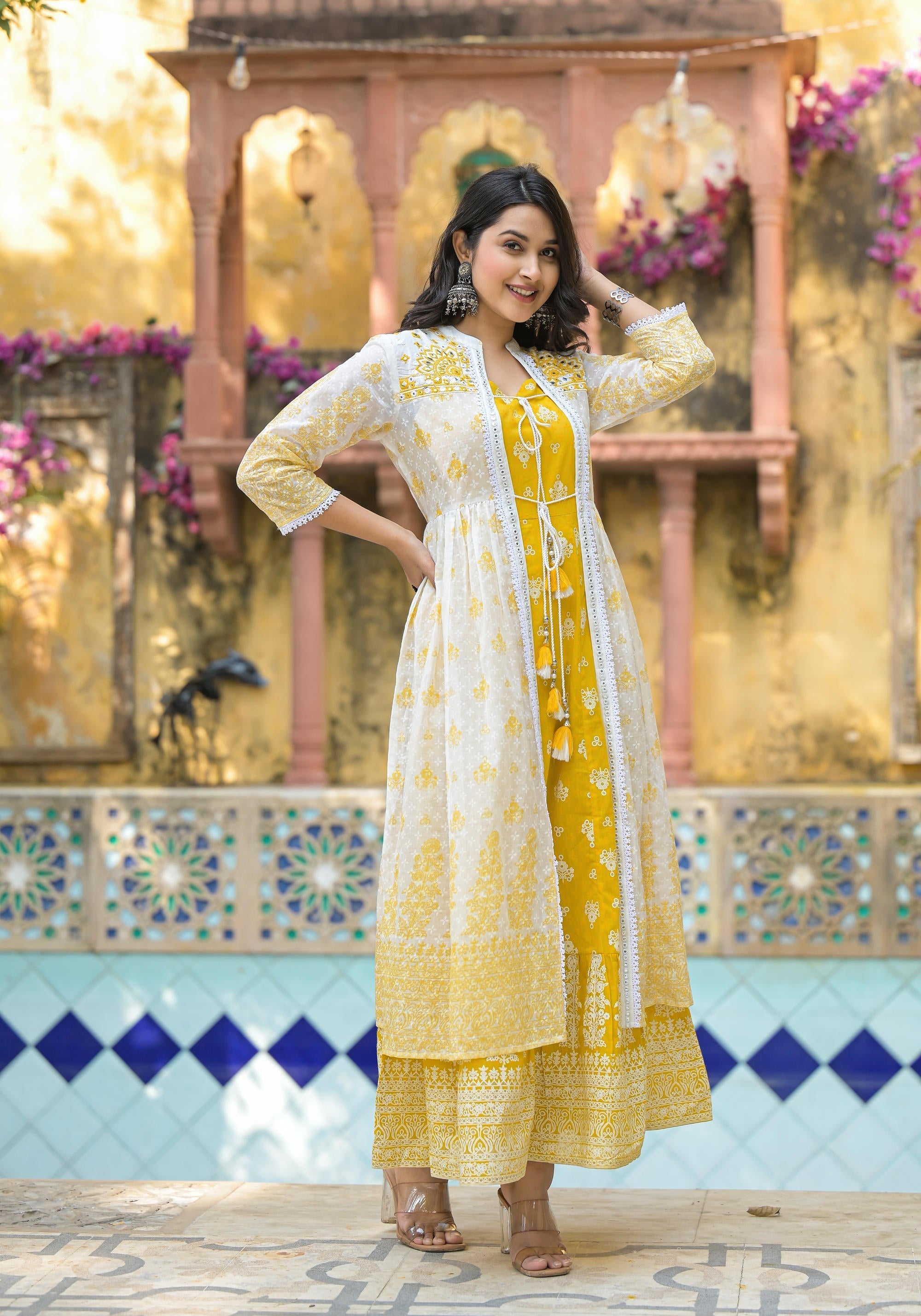 Juniper Mustard Ethnic Motif Printed Cotton Kurta & Shrug With Doris