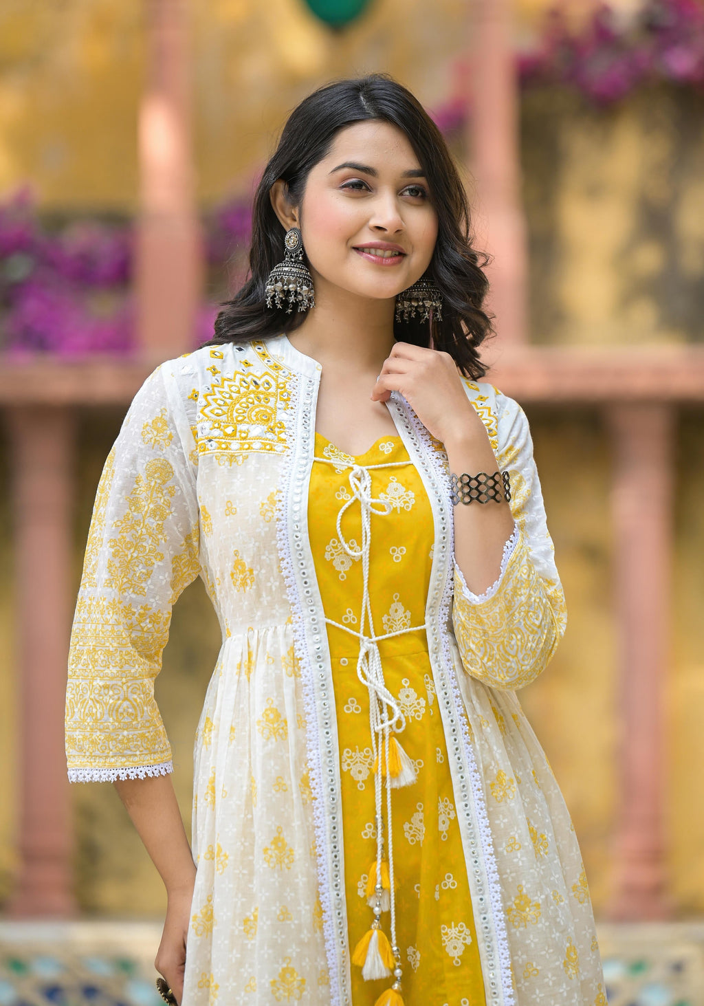 Juniper Women's Mustard Ethnic Motif Printed Cotton Kurta & Shrug With Doris