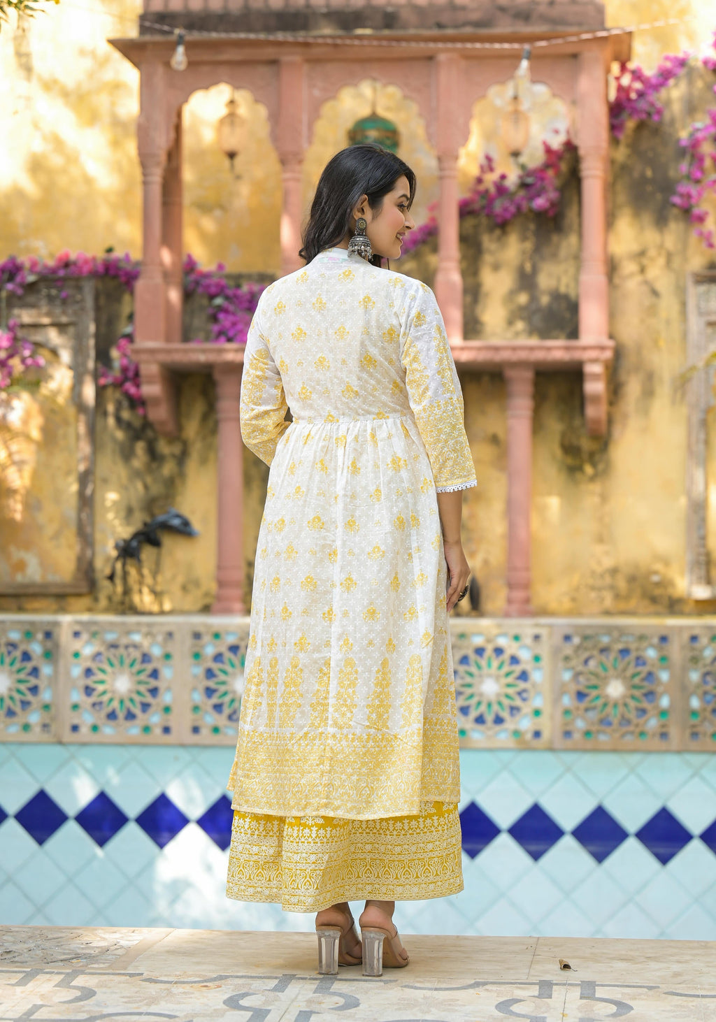Juniper Women's Mustard Ethnic Motif Printed Cotton Kurta & Shrug With Doris