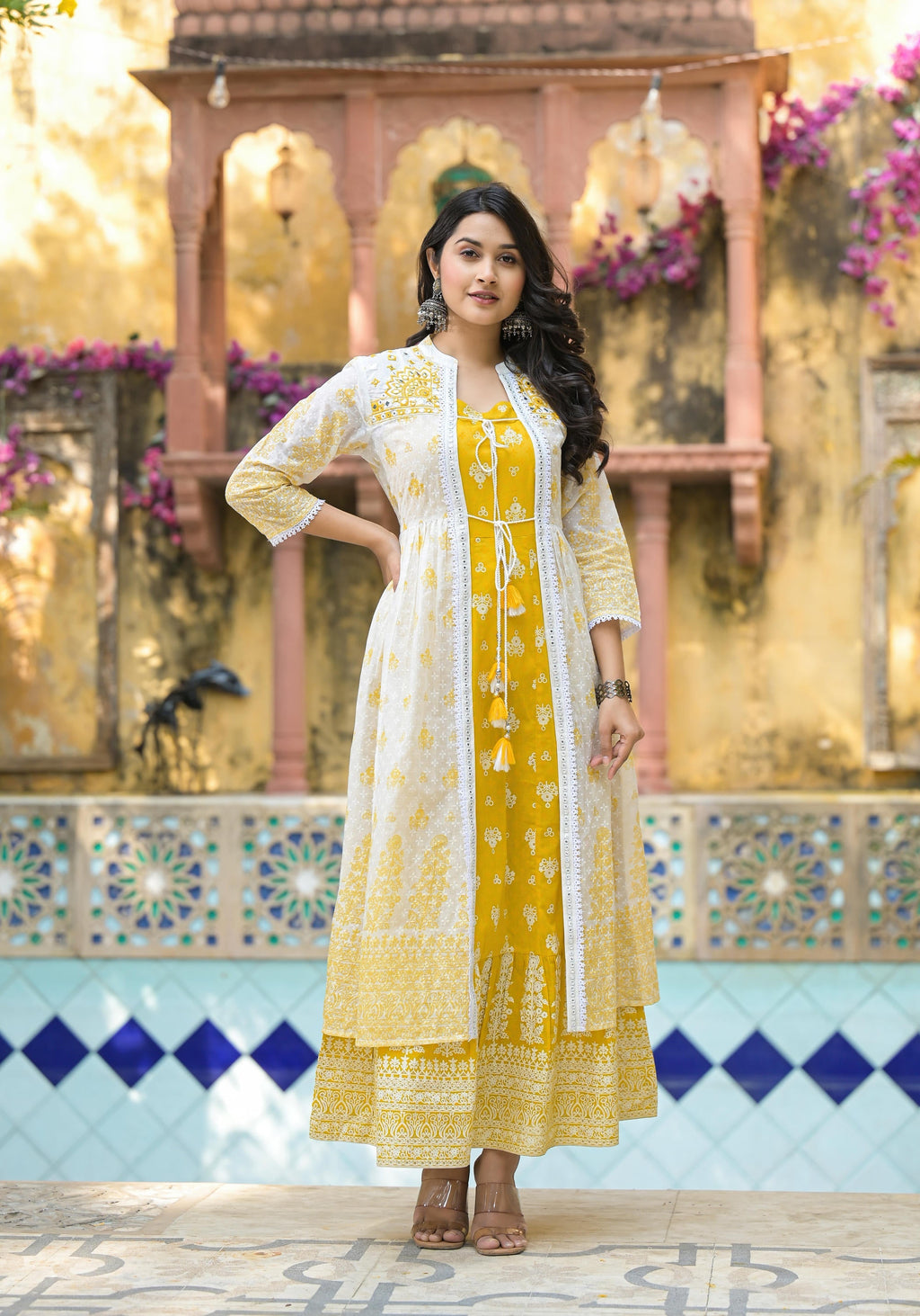 Juniper Women's Mustard Ethnic Motif Printed Cotton Kurta & Shrug With Doris