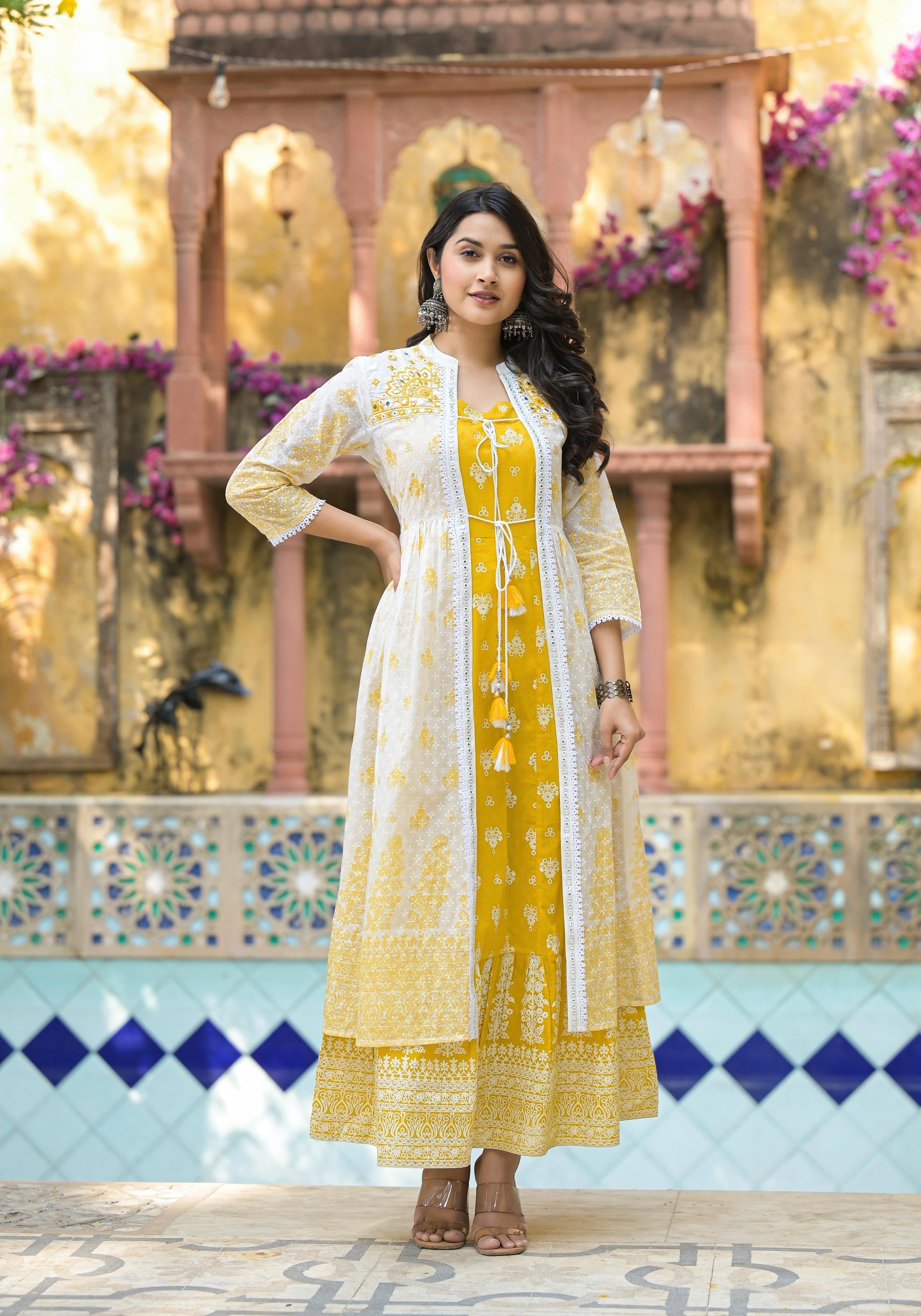 Juniper Women's Mustard Ethnic Motif Printed Cotton Kurta & Shrug With Doris