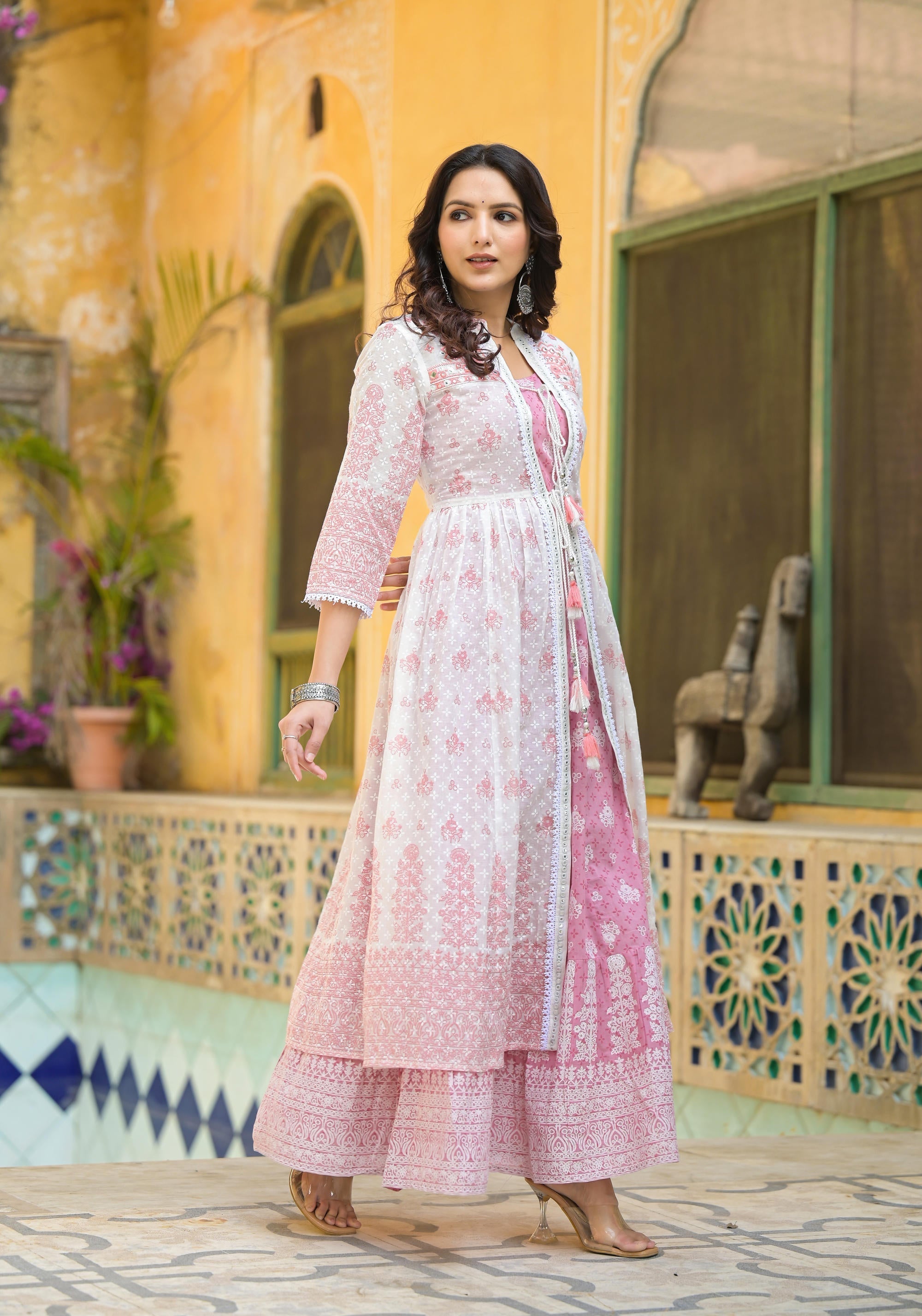 Juniper Women's Pink Ethnic Motif Printed Cotton Kurta & Shrug With Doris