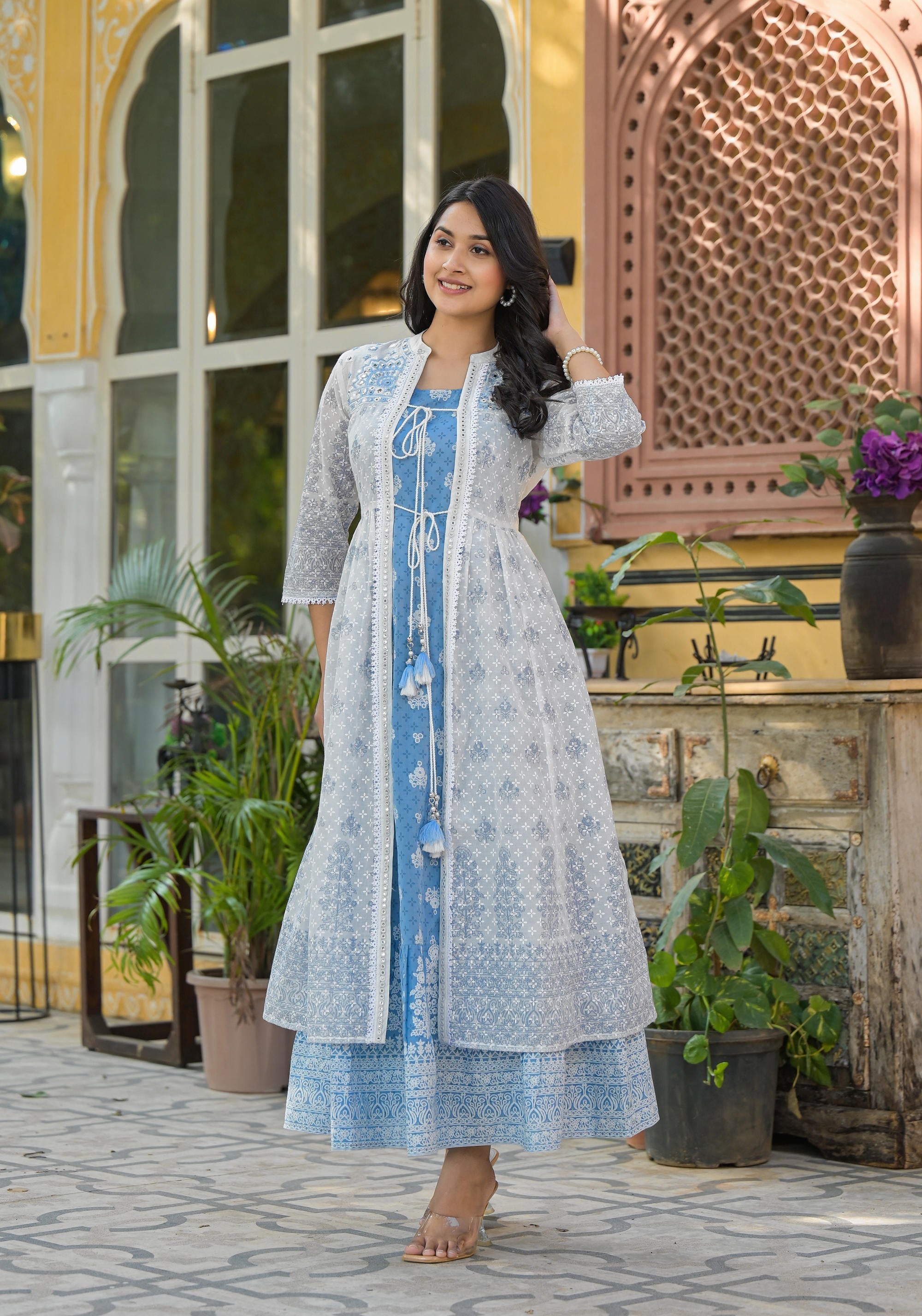 Juniper Azure Blue Blossom Layered Cotton Anarkali Dress With Printed Jacket
