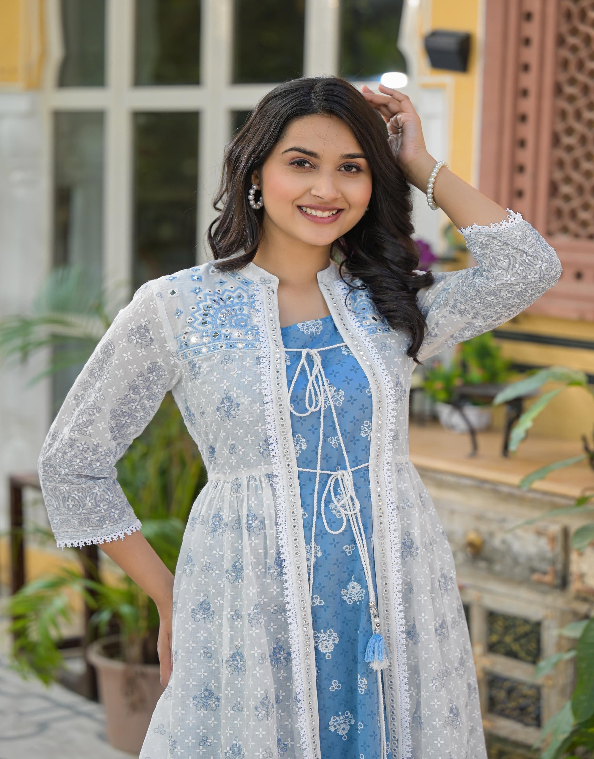 Juniper Azure Blue Blossom Layered Cotton Anarkali Dress With Printed Jacket