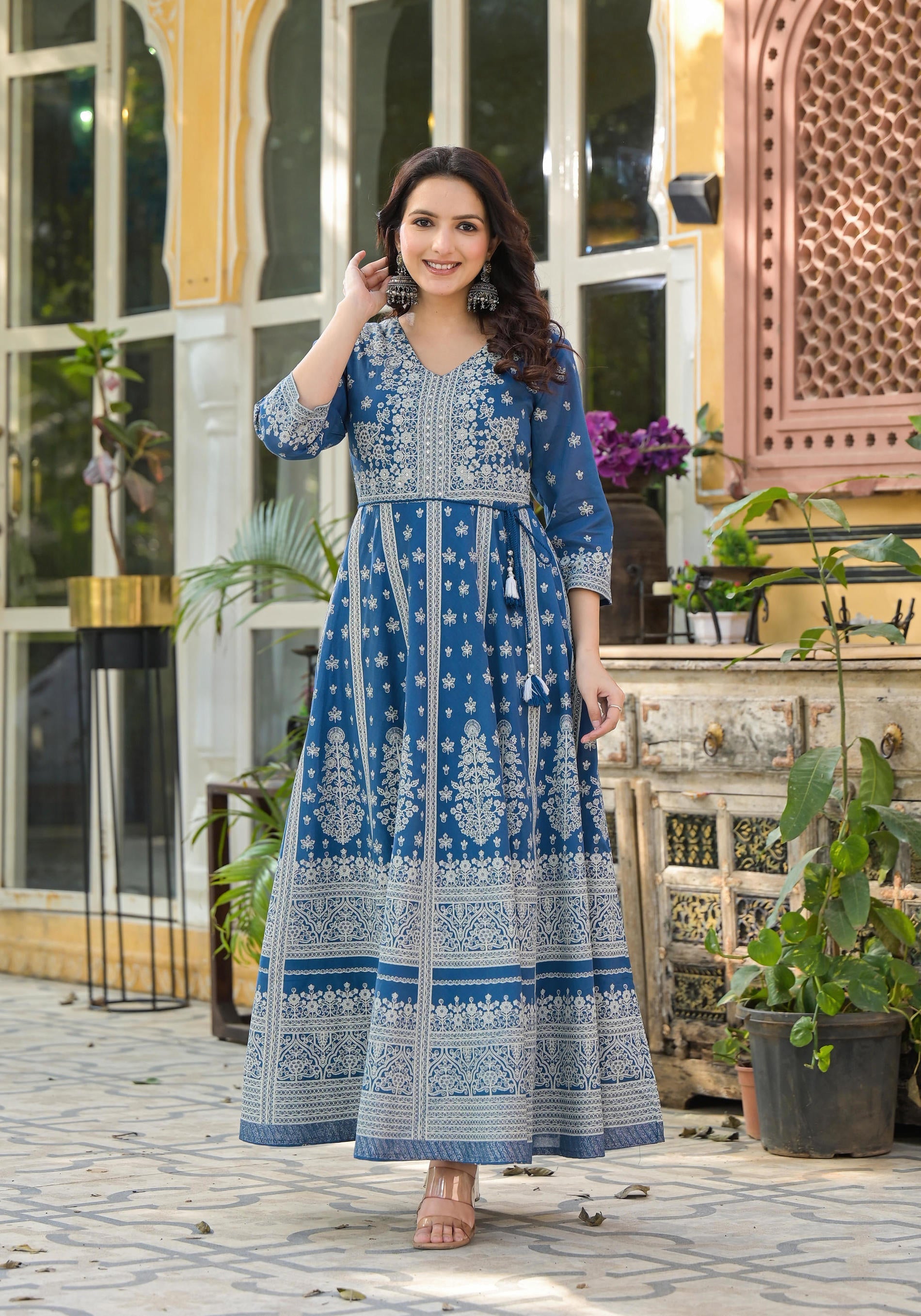 Juniper Indigo Ethnic Motif Printed Cotton Long Dress