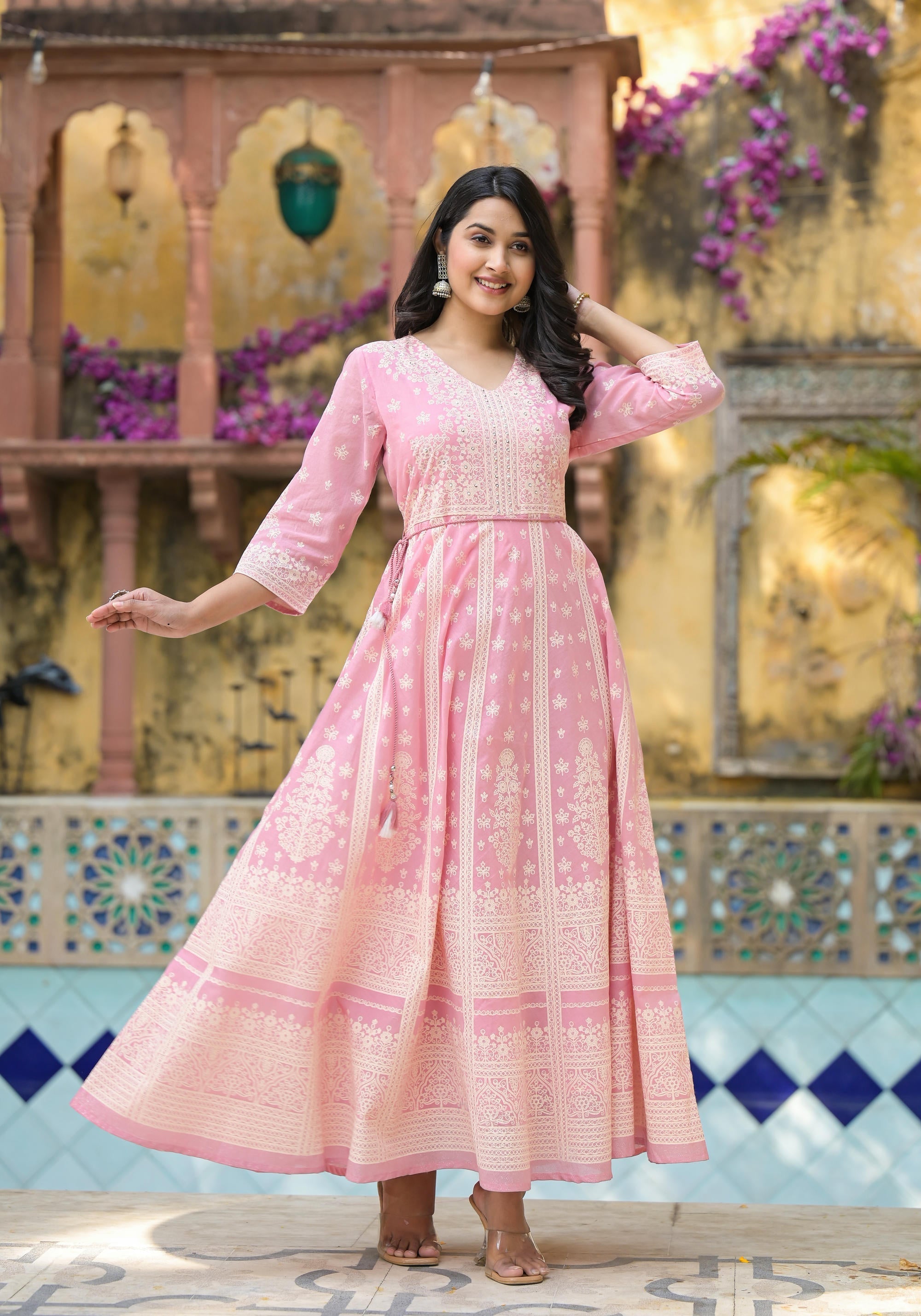 Juniper Onion Pink Anarkali Dress with Intricate White Print