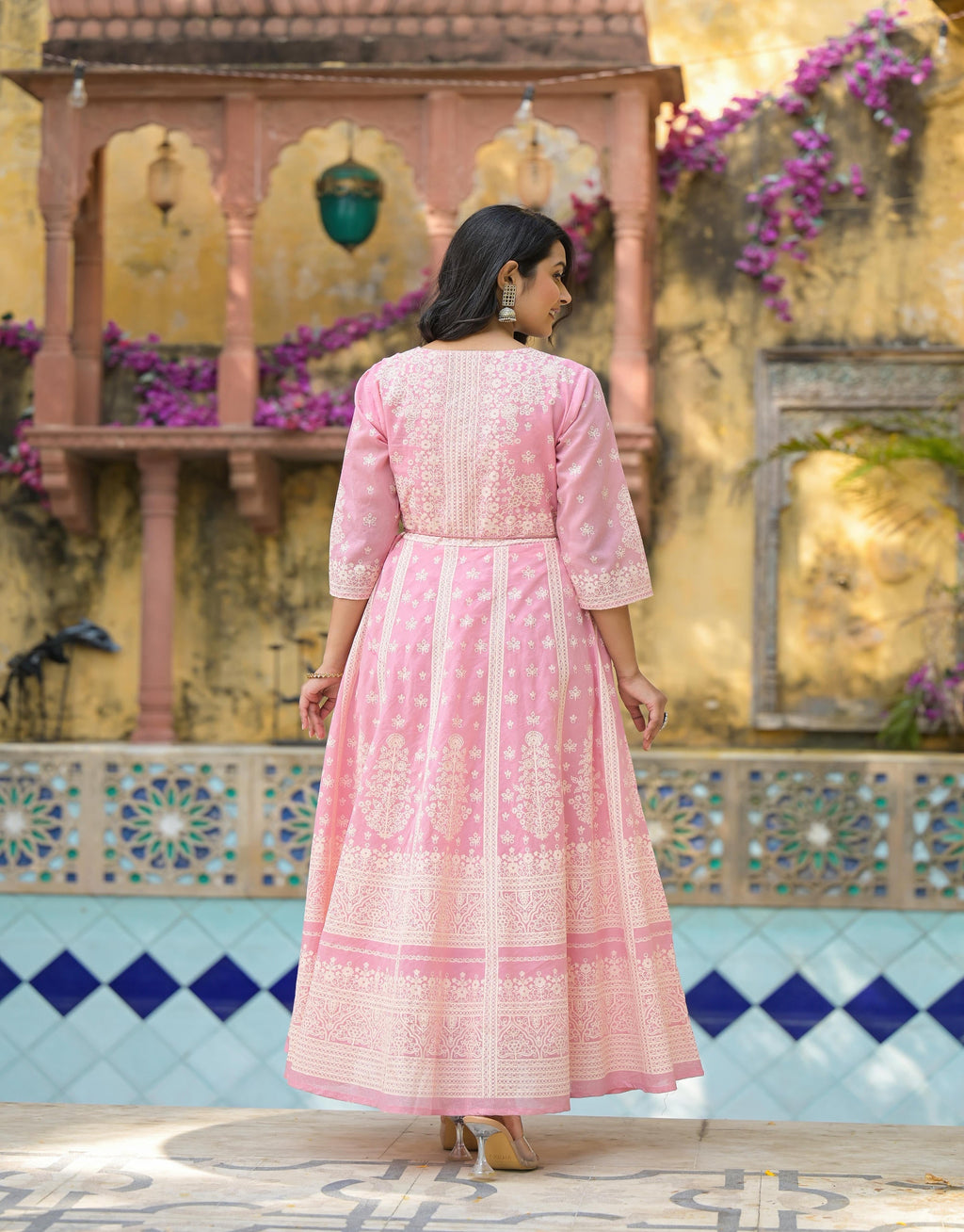 Juniper Onion Pink Anarkali Dress with Intricate White Print