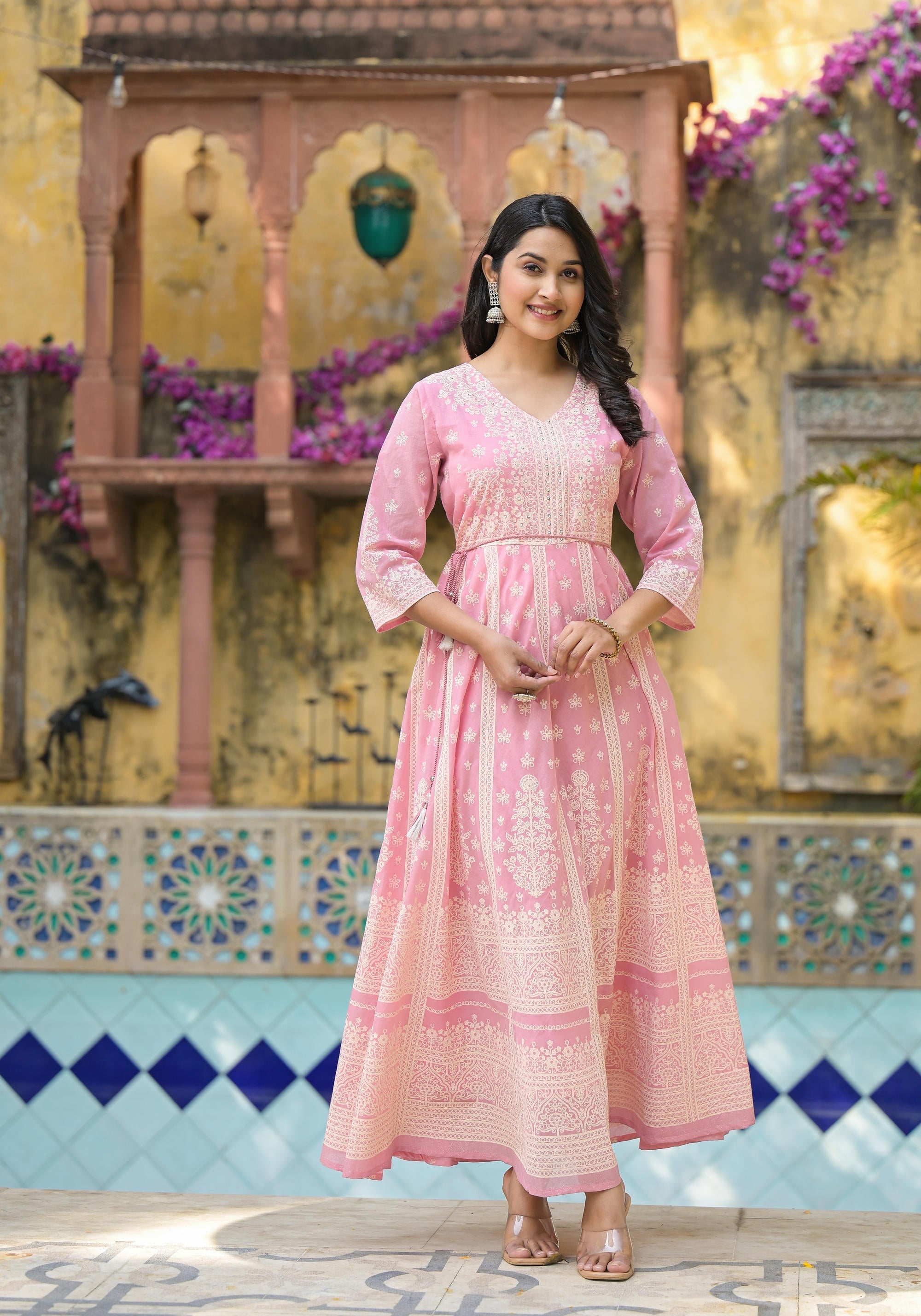 Juniper Onion Pink Anarkali Dress with Intricate White Print