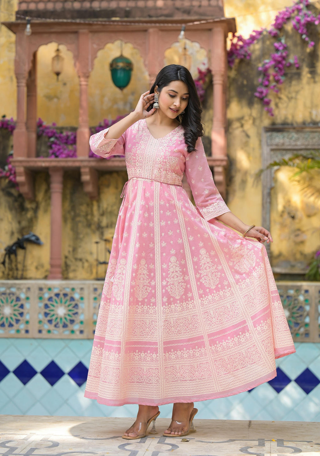 Juniper Onion Pink Anarkali Dress with Intricate White Print