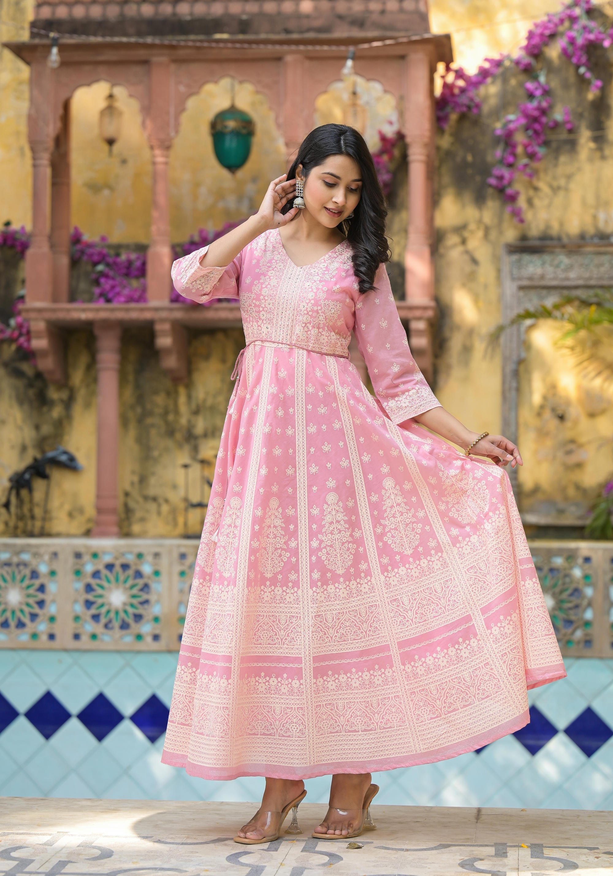 Juniper Onion Pink Anarkali Dress with Intricate White Print