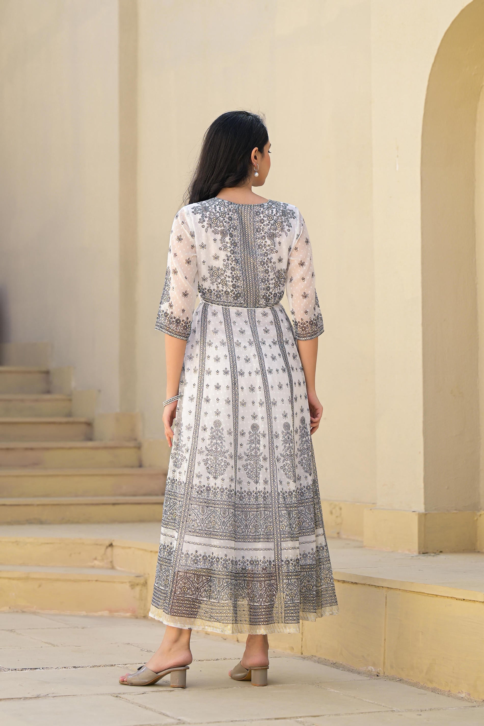 Juniper White Ethnic Motif Printed Chiffon Long Dress With Dori