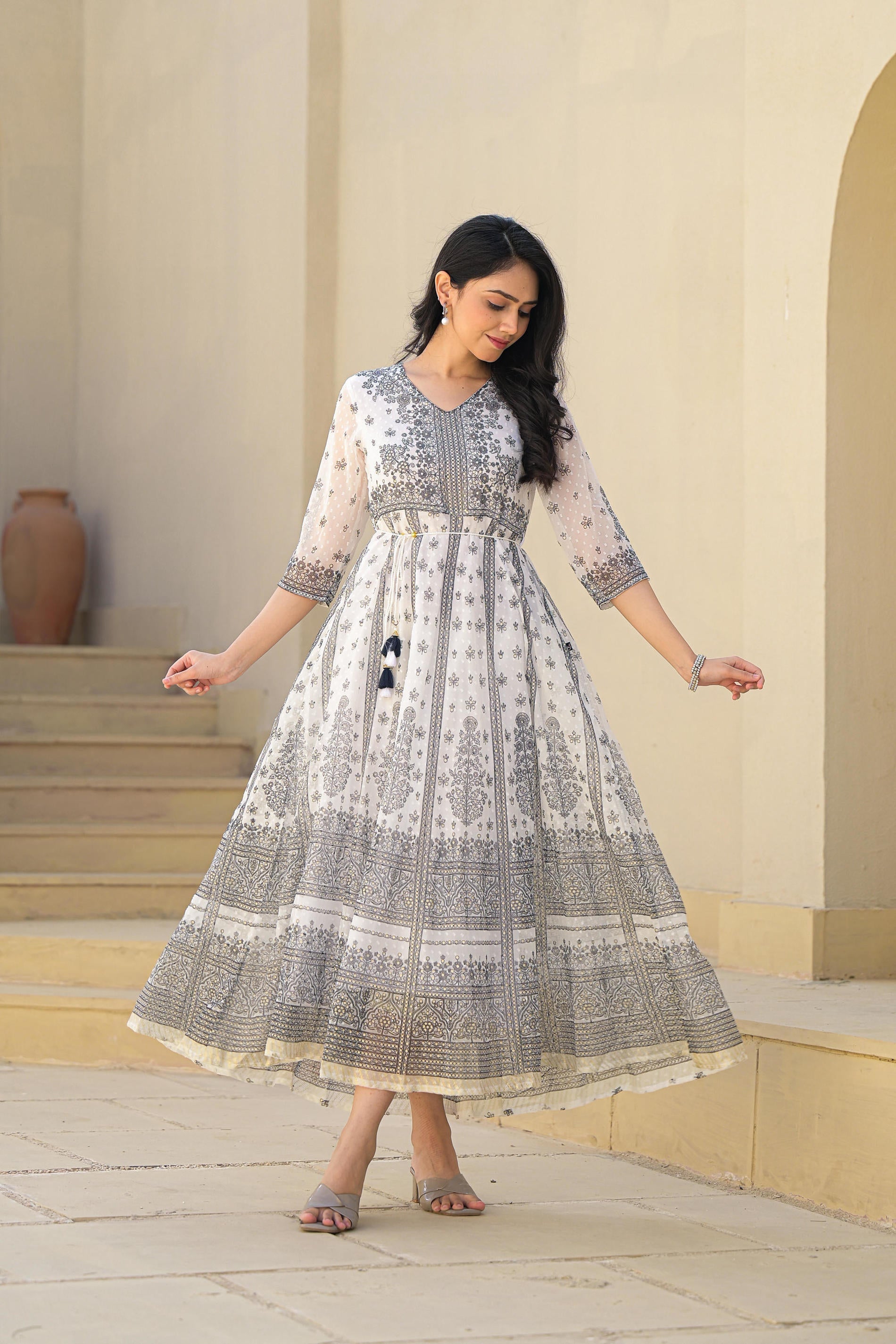 Juniper White Ethnic Motif Printed Chiffon Long Dress With Dori