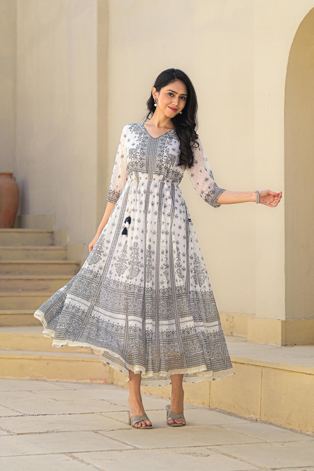 Juniper White Ethnic Motif Printed Chiffon Long Dress With Dori