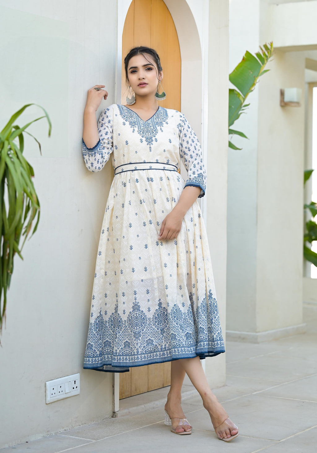 Juniper Serene Ivory Indigo Mughal Motif Cotton Midi Dress
