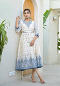 Juniper Serene Ivory Indigo Mughal Motif Cotton Midi Dress