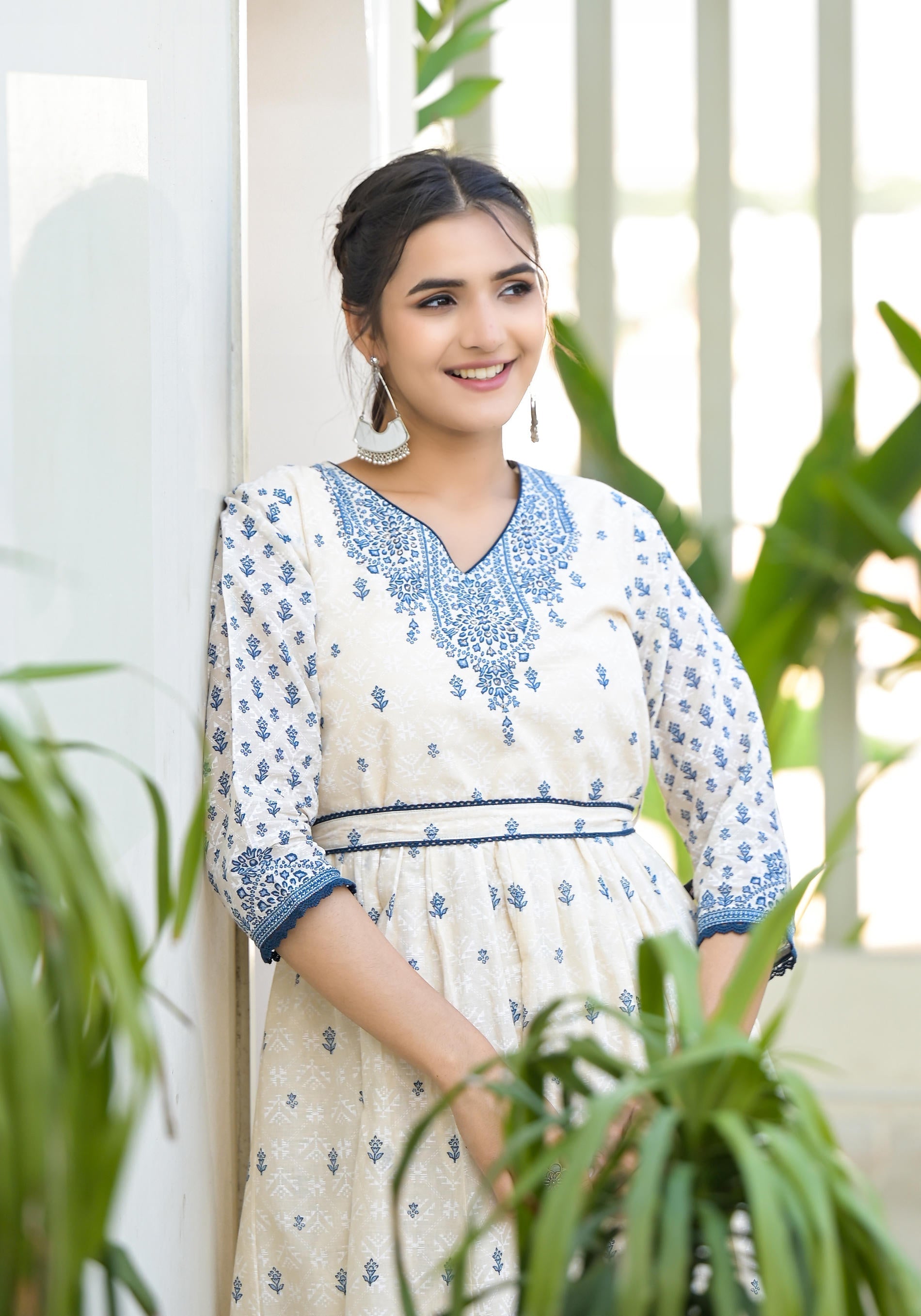 Juniper Serene Ivory Indigo Mughal Motif Cotton Midi Dress