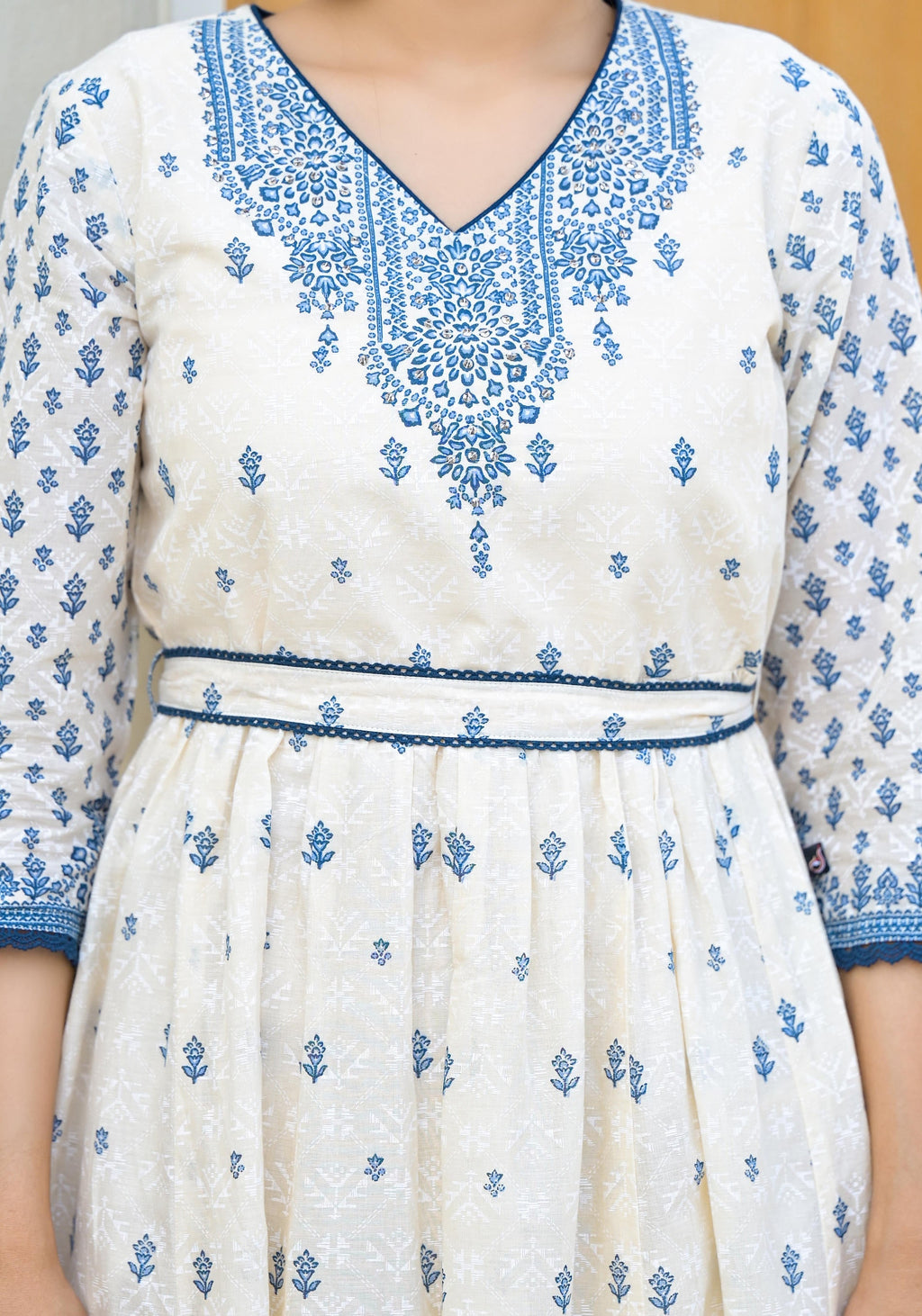 Juniper Serene Ivory Indigo Mughal Motif Cotton Midi Dress