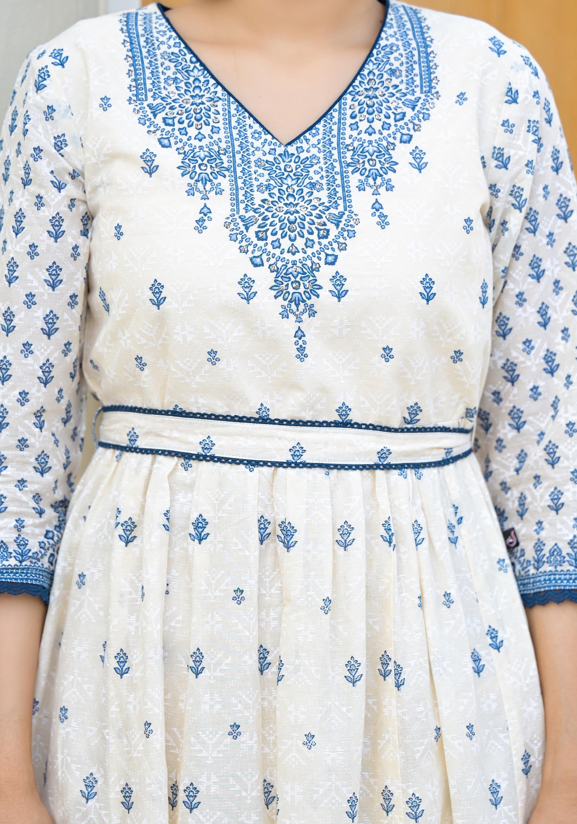 Juniper Serene Ivory Indigo Mughal Motif Cotton Midi Dress